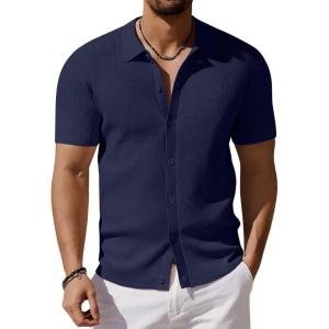 imageCOOFANDY Mens Vintage Knit Shirt Short Sleeve Button Down Polo Shirts for Summer Casual ampamp VacationNavy Blue