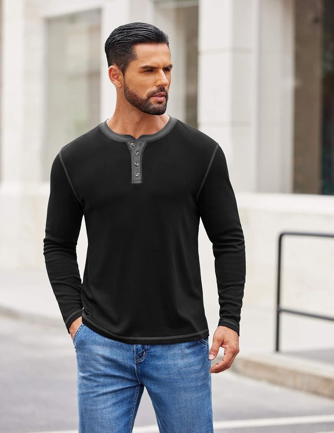 imageCOOFANDY Mens Henley Shirts Long Sleeve Button TShirt Fashion Casual Pullover Shirts Soft Stretch Tees TopsBlack