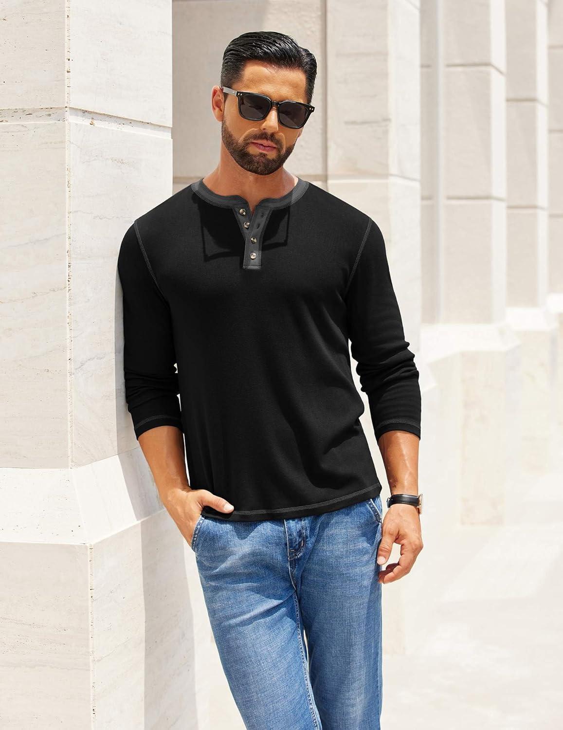 imageCOOFANDY Mens Henley Shirts Long Sleeve Button TShirt Fashion Casual Pullover Shirts Soft Stretch Tees TopsBlack