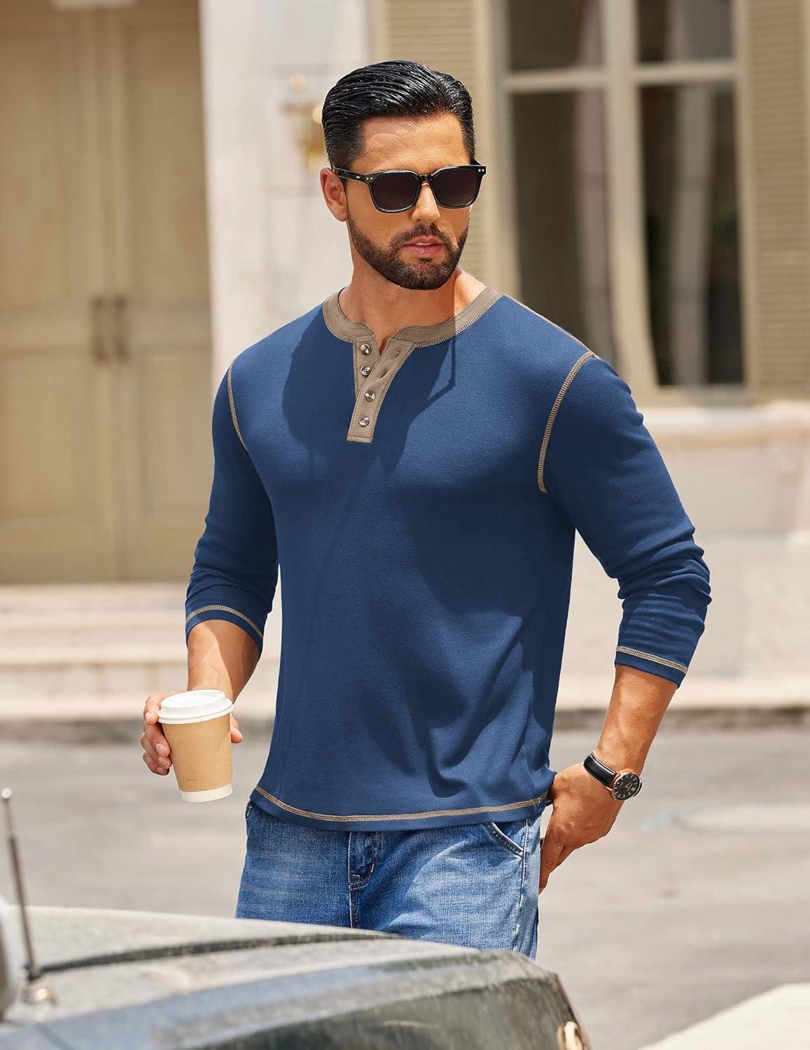 imageCOOFANDY Mens Henley Shirts Long Sleeve Button TShirt Fashion Casual Pullover Shirts Soft Stretch Tees TopsBlue