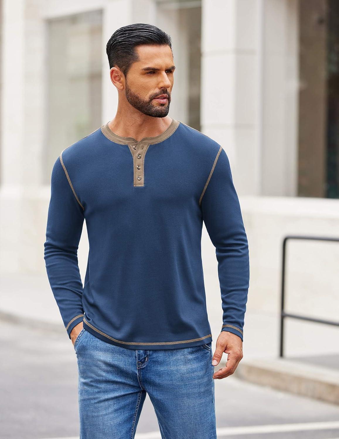 imageCOOFANDY Mens Henley Shirts Long Sleeve Button TShirt Fashion Casual Pullover Shirts Soft Stretch Tees TopsBlue