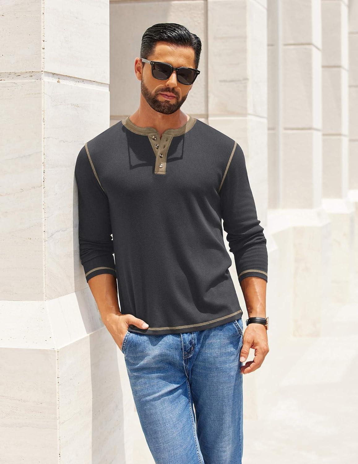 imageCOOFANDY Mens Henley Shirts Long Sleeve Button TShirt Fashion Casual Pullover Shirts Soft Stretch Tees TopsDark Grey