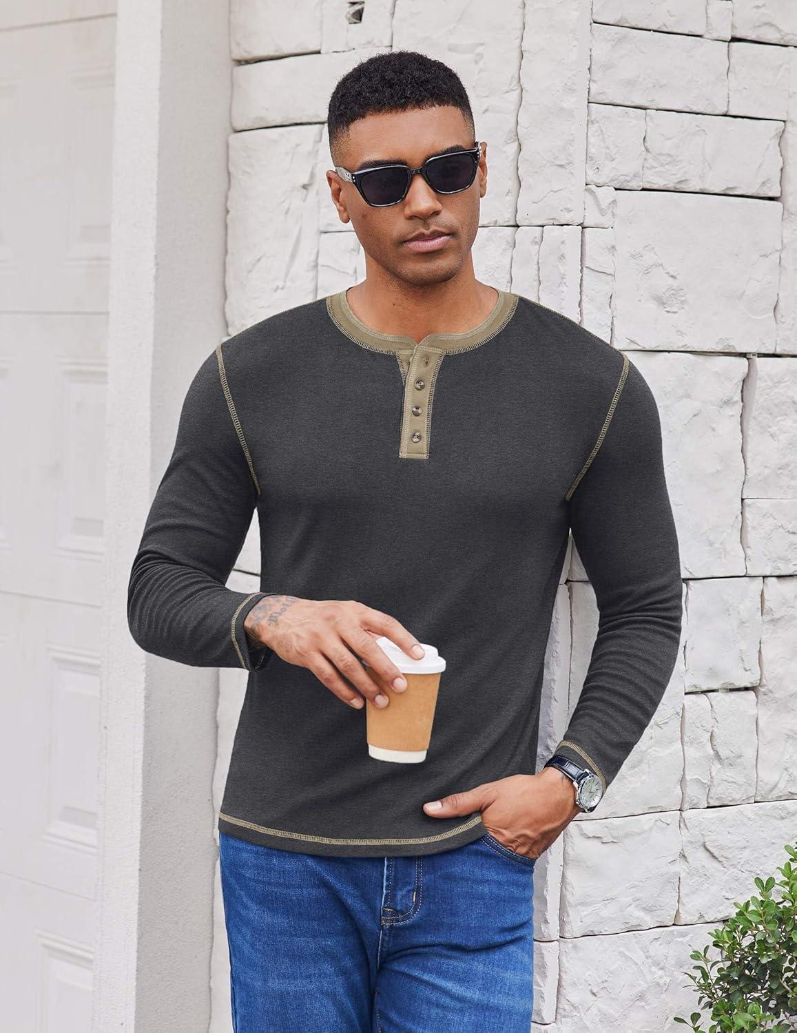 imageCOOFANDY Mens Henley Shirts Long Sleeve Button TShirt Fashion Casual Pullover Shirts Soft Stretch Tees TopsDark Grey