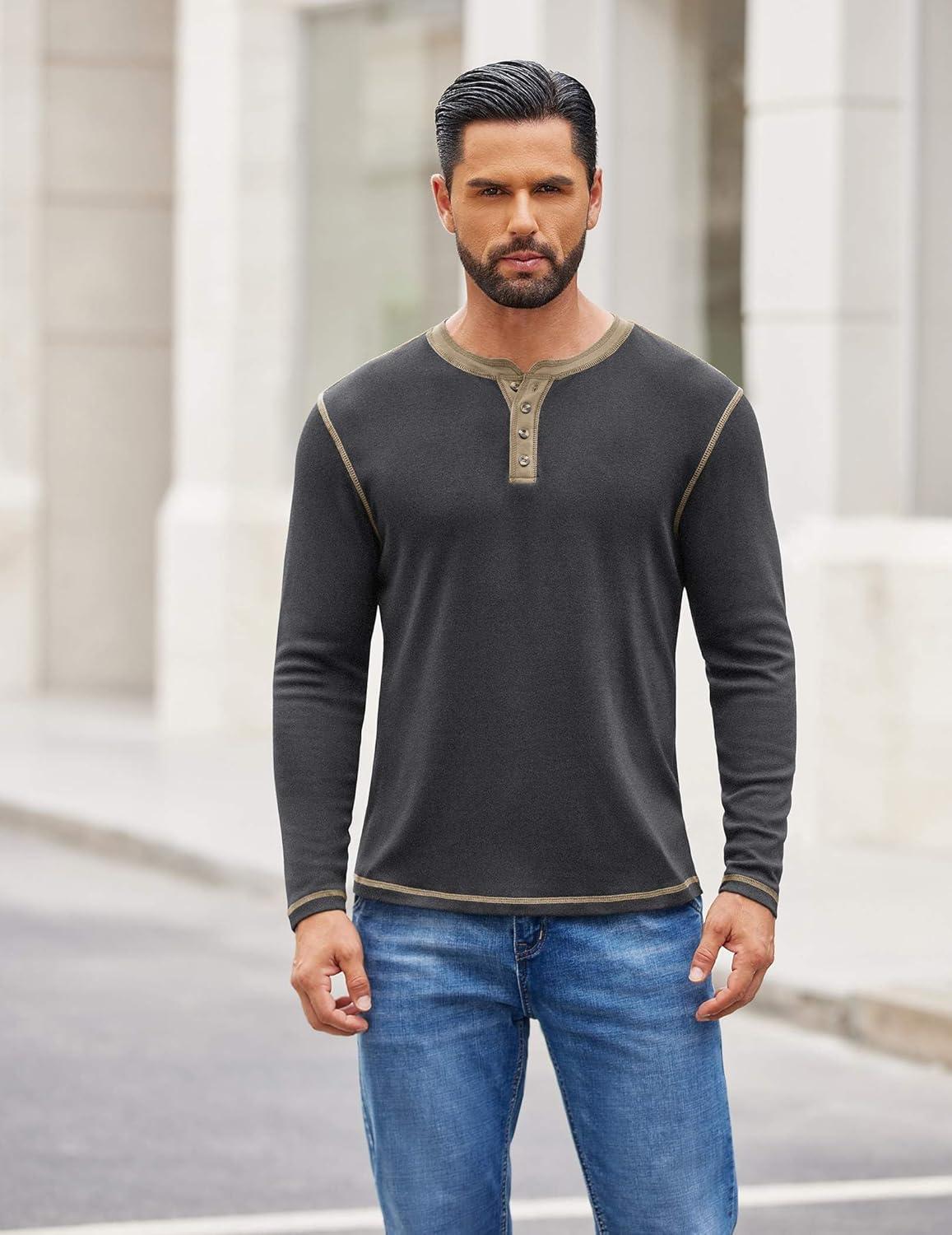 imageCOOFANDY Mens Henley Shirts Long Sleeve Button TShirt Fashion Casual Pullover Shirts Soft Stretch Tees TopsDark Grey