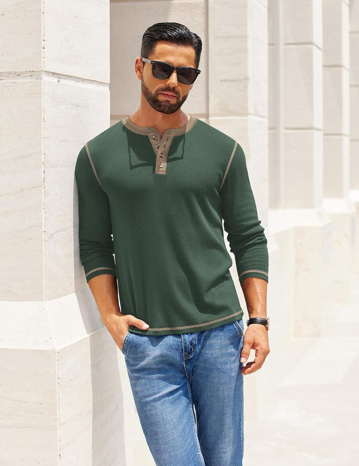 imageCOOFANDY Mens Henley Shirts Long Sleeve Button TShirt Fashion Casual Pullover Shirts Soft Stretch Tees TopsGreen