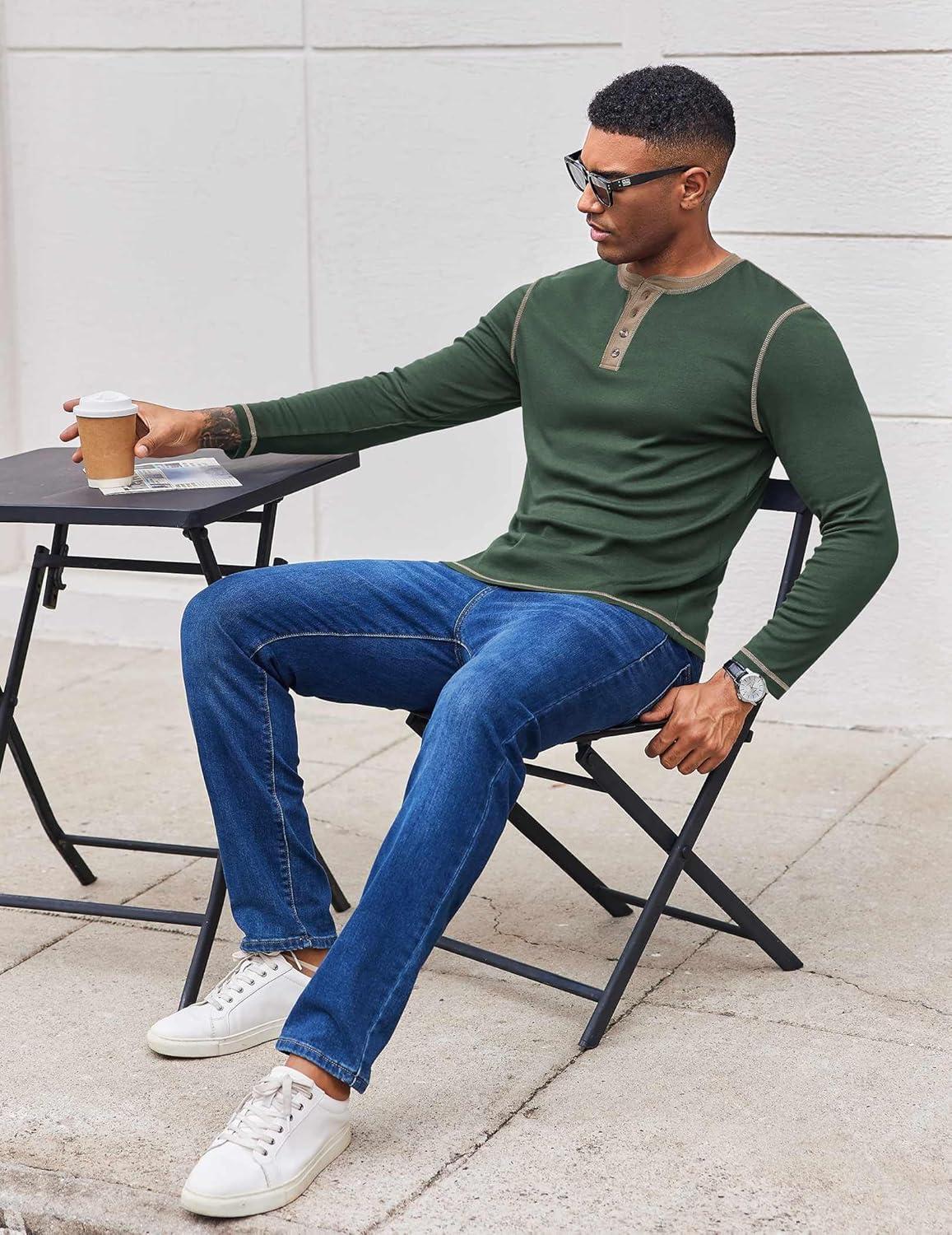 imageCOOFANDY Mens Henley Shirts Long Sleeve Button TShirt Fashion Casual Pullover Shirts Soft Stretch Tees TopsGreen