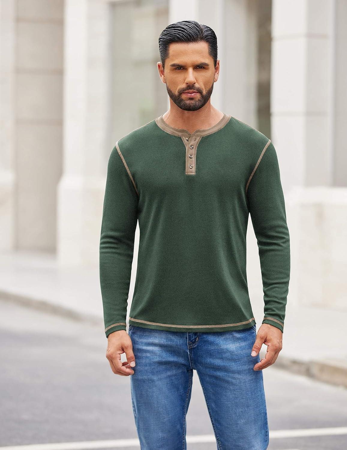 imageCOOFANDY Mens Henley Shirts Long Sleeve Button TShirt Fashion Casual Pullover Shirts Soft Stretch Tees TopsGreen