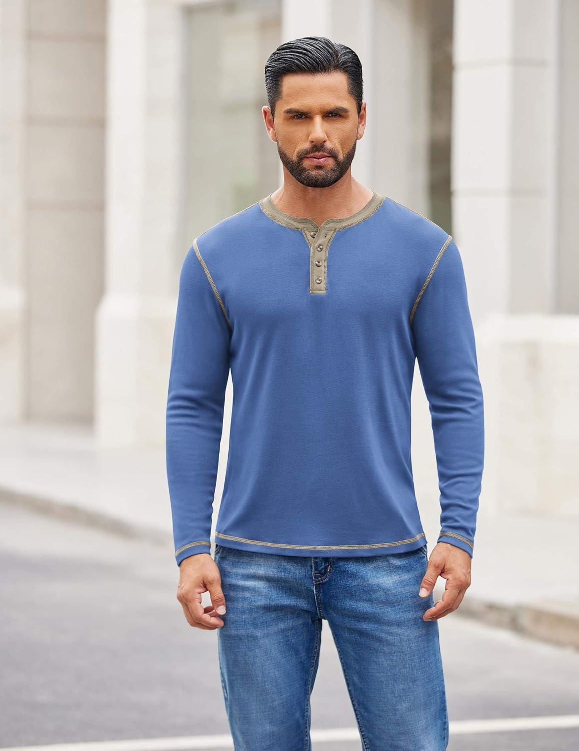 imageCOOFANDY Mens Henley Shirts Long Sleeve Button TShirt Fashion Casual Pullover Shirts Soft Stretch Tees TopsLight Blue