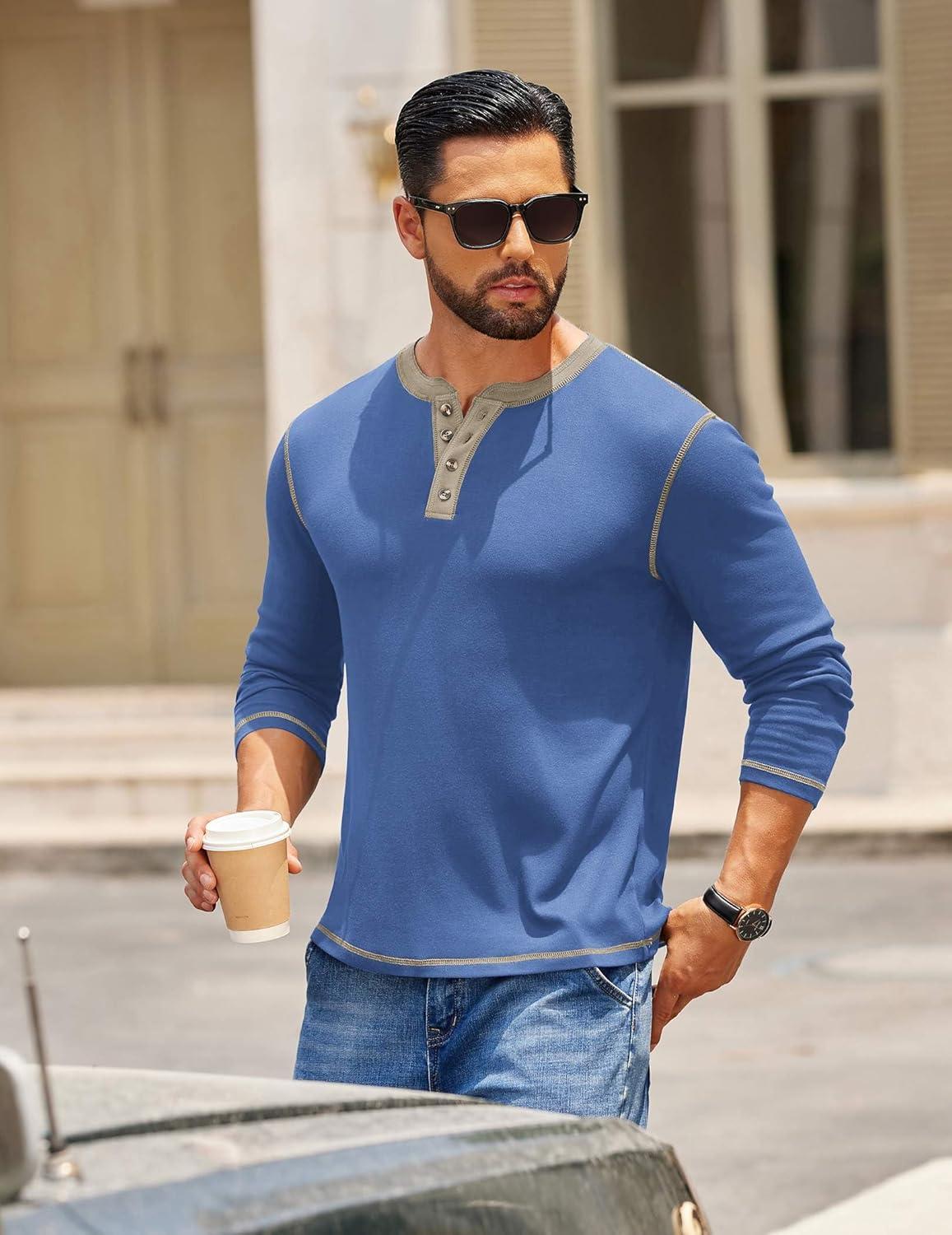 imageCOOFANDY Mens Henley Shirts Long Sleeve Button TShirt Fashion Casual Pullover Shirts Soft Stretch Tees TopsLight Blue