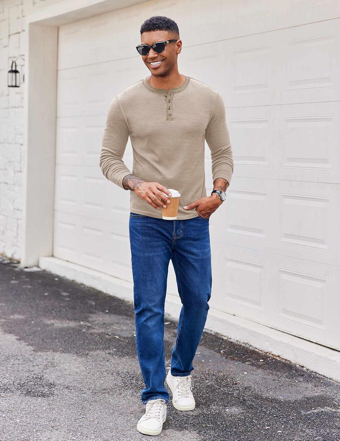 imageCOOFANDY Mens Henley Shirts Long Sleeve Button TShirt Fashion Casual Pullover Shirts Soft Stretch Tees TopsLight Khaki