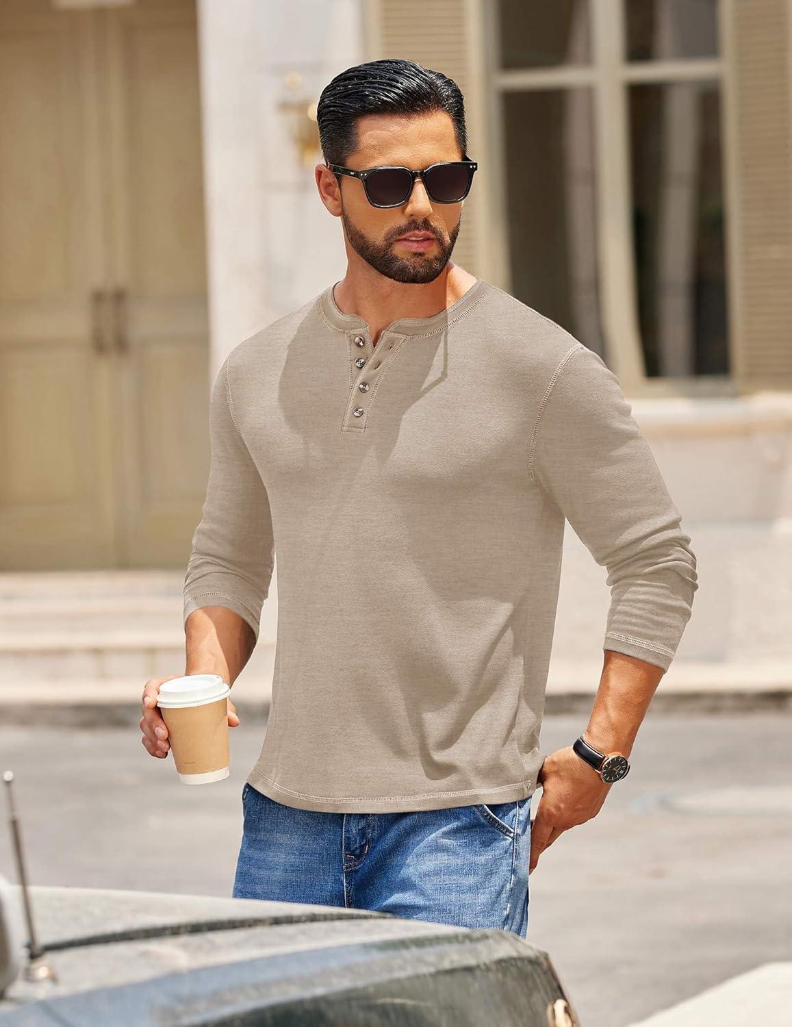 imageCOOFANDY Mens Henley Shirts Long Sleeve Button TShirt Fashion Casual Pullover Shirts Soft Stretch Tees TopsLight Khaki