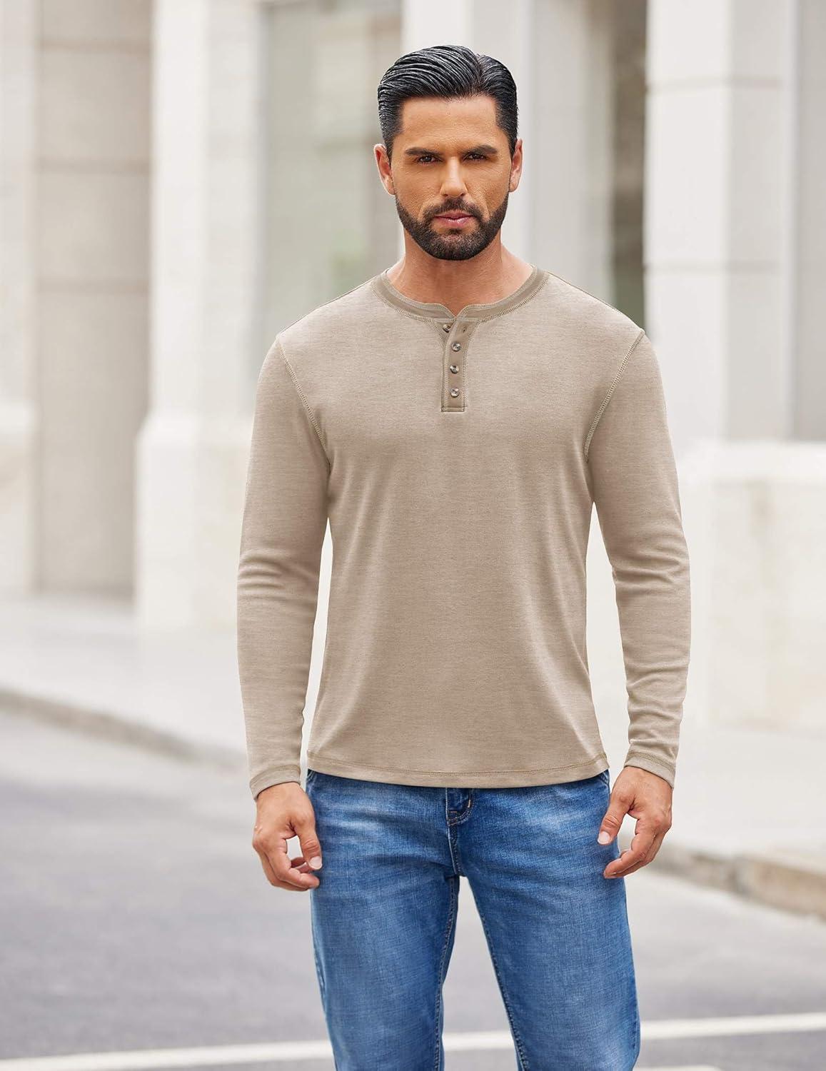 imageCOOFANDY Mens Henley Shirts Long Sleeve Button TShirt Fashion Casual Pullover Shirts Soft Stretch Tees TopsLight Khaki
