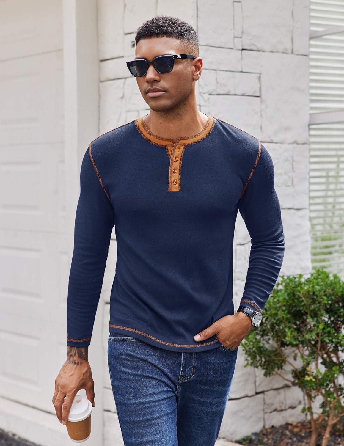 imageCOOFANDY Mens Henley Shirts Long Sleeve Button TShirt Fashion Casual Pullover Shirts Soft Stretch Tees TopsMidnight Blue