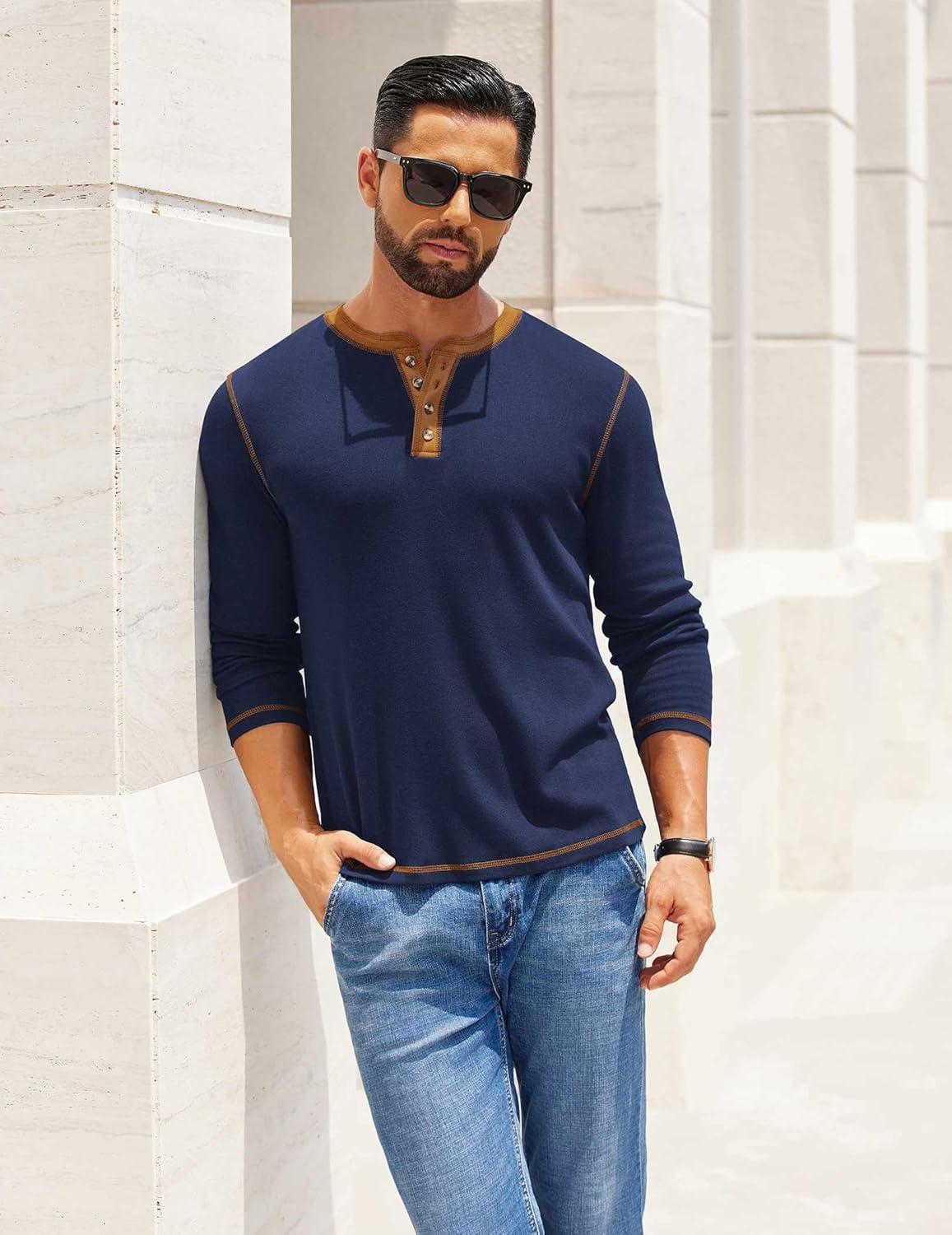 imageCOOFANDY Mens Henley Shirts Long Sleeve Button TShirt Fashion Casual Pullover Shirts Soft Stretch Tees TopsMidnight Blue
