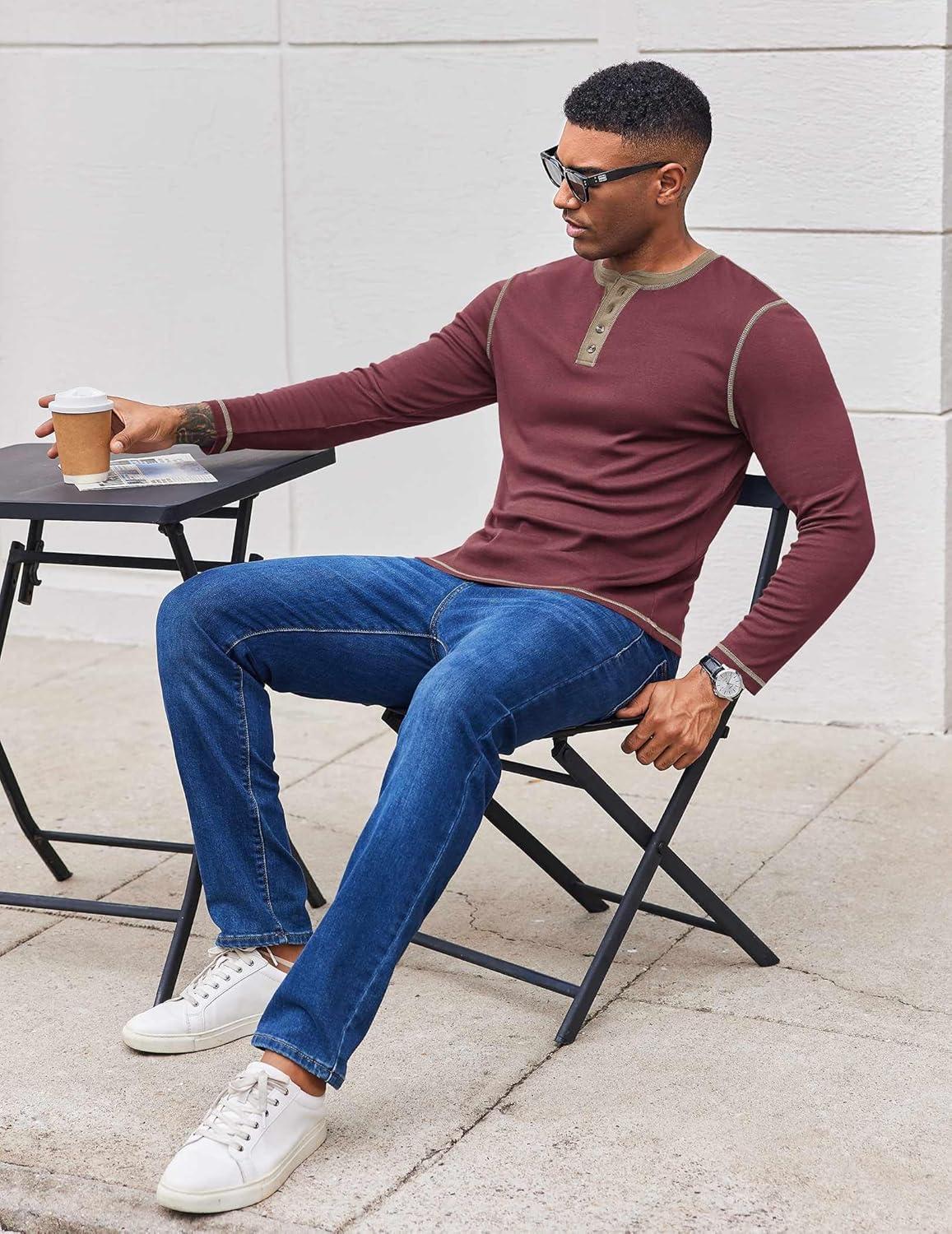 imageCOOFANDY Mens Henley Shirts Long Sleeve Button TShirt Fashion Casual Pullover Shirts Soft Stretch Tees TopsRrick Red