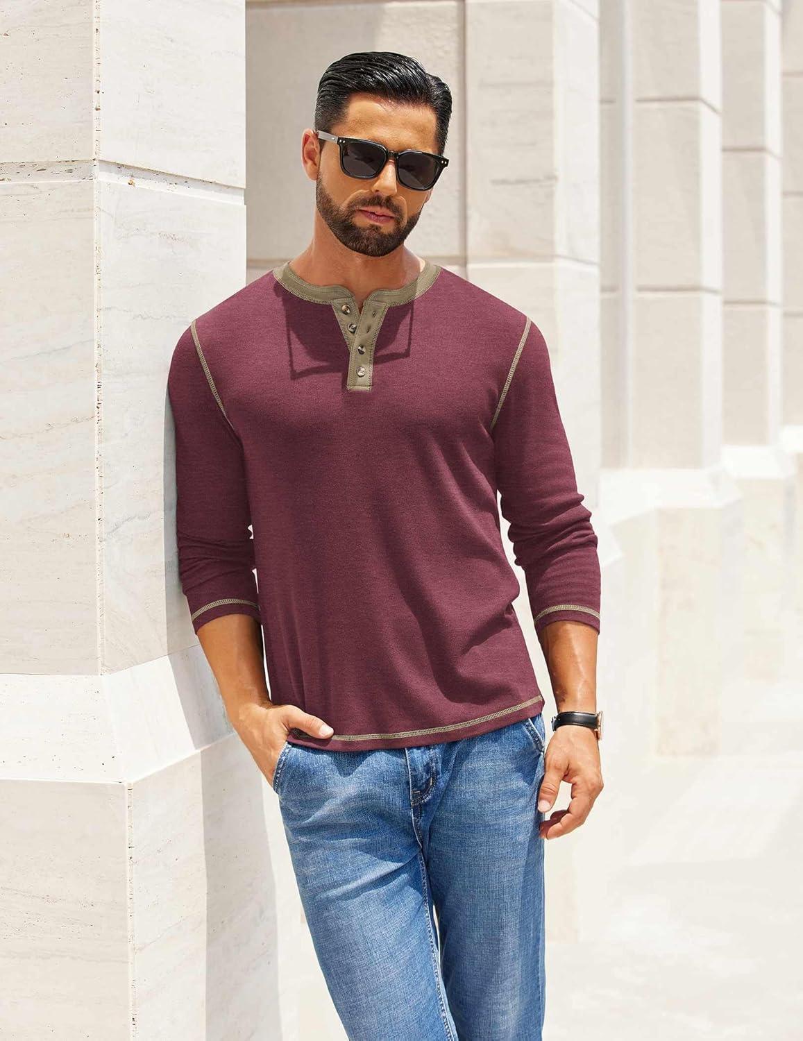 imageCOOFANDY Mens Henley Shirts Long Sleeve Button TShirt Fashion Casual Pullover Shirts Soft Stretch Tees TopsRrick Red