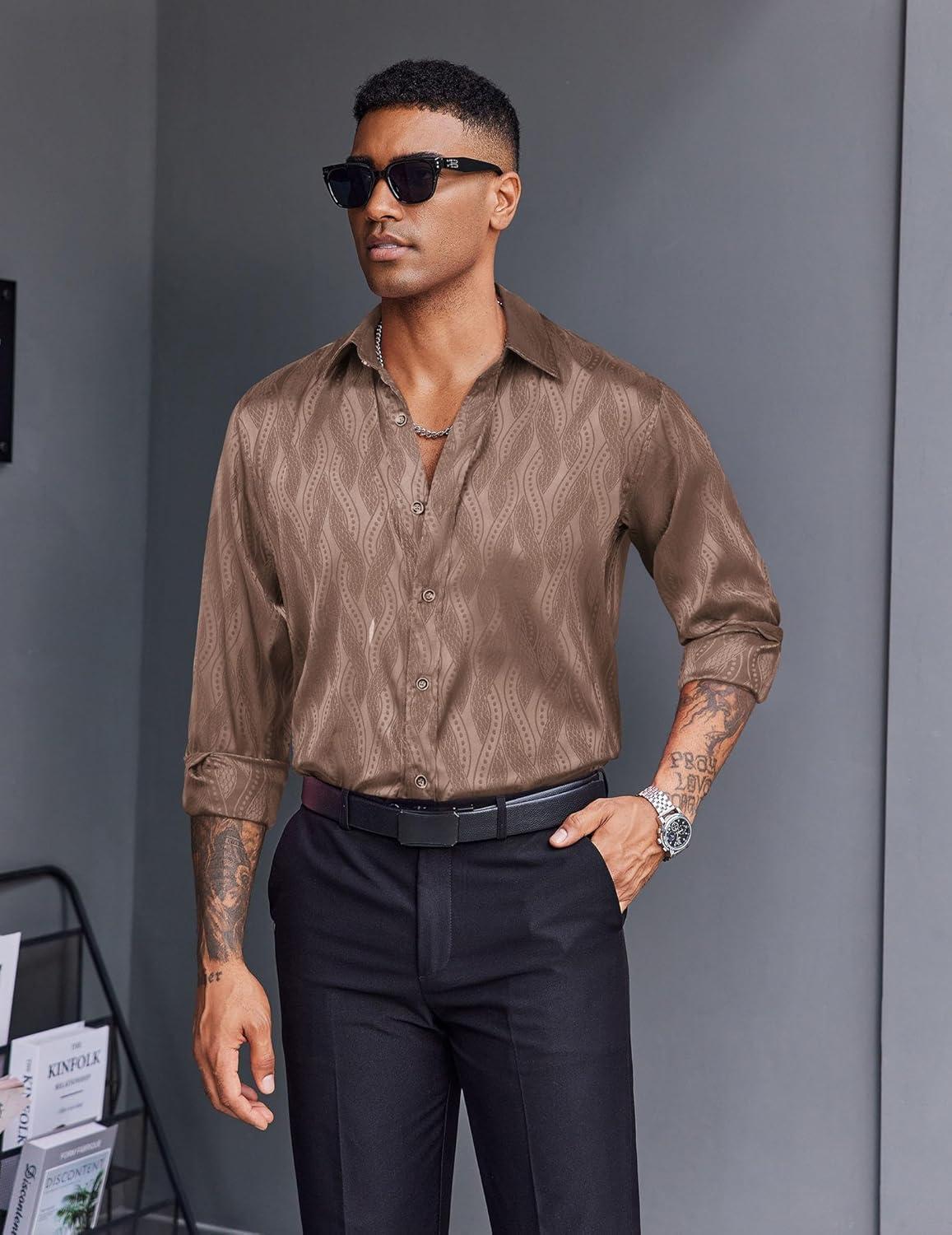 imageCOOFANDY Mens Silk Satin Dress Shirts Jacquard Long Sleeve Floral Button Up Shirts Party Prom Wedding ShirtBrown Twist