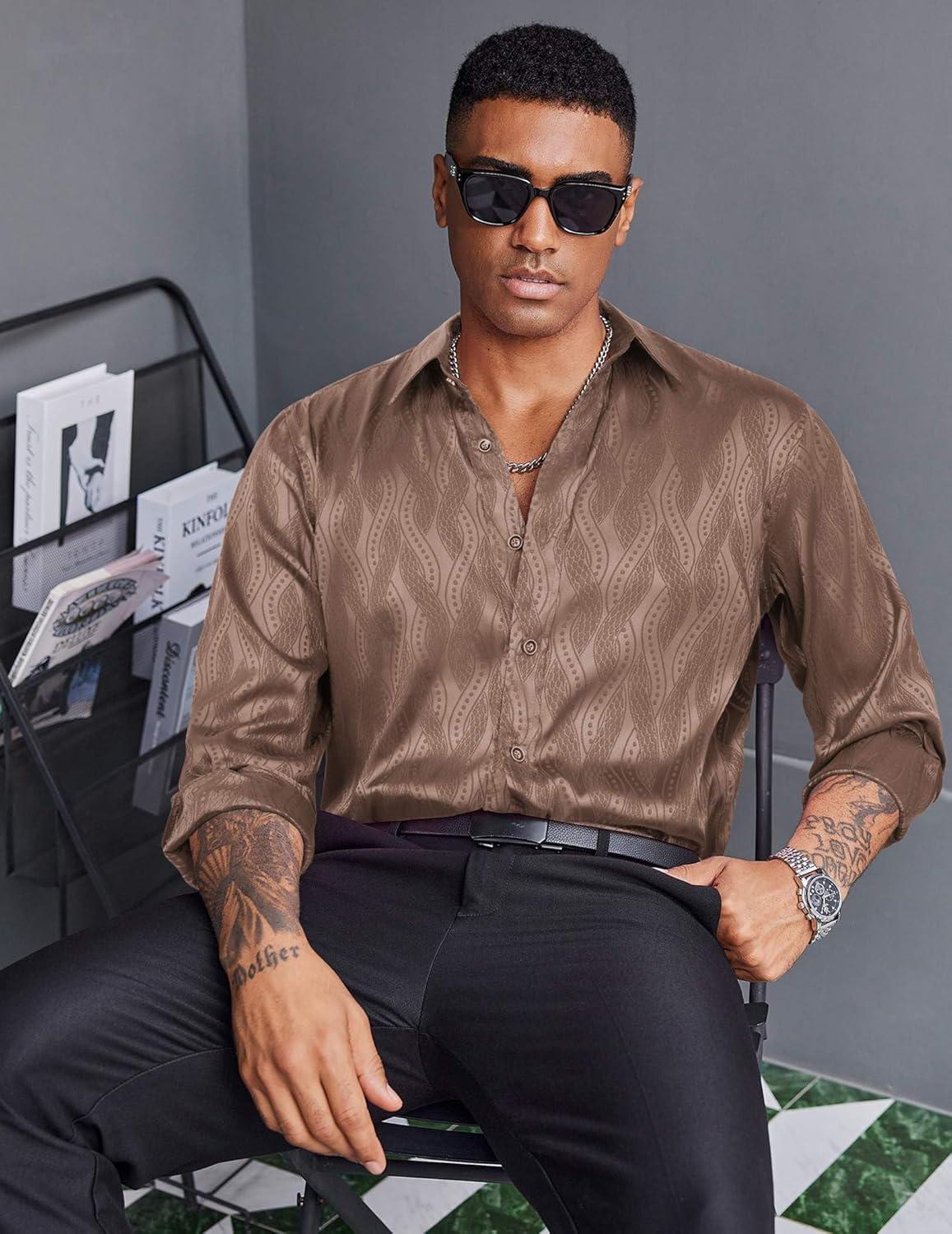 imageCOOFANDY Mens Silk Satin Dress Shirts Jacquard Long Sleeve Floral Button Up Shirts Party Prom Wedding ShirtBrown Twist