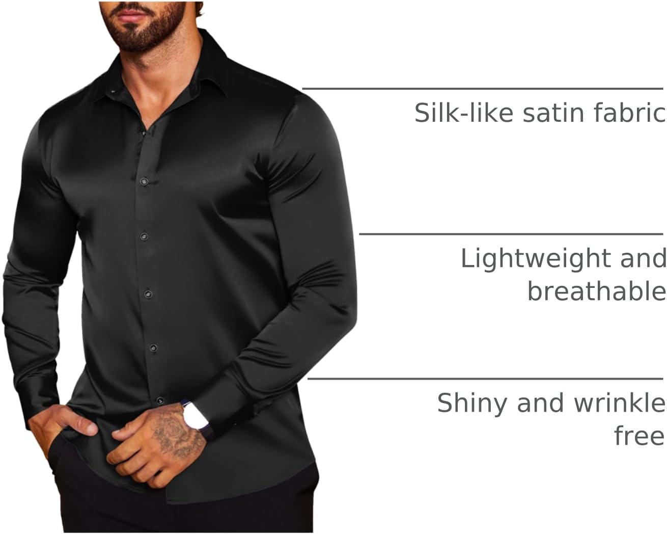 imageCOOFANDY Mens Silk Satin Dress Shirts Jacquard Long Sleeve Floral Button Up Shirts Party Prom Wedding ShirtPblack