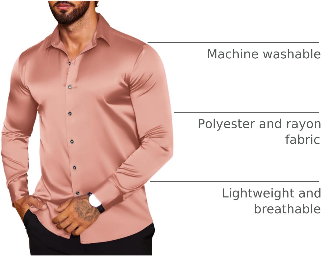 imageCOOFANDY Mens Silk Satin Dress Shirts Jacquard Long Sleeve Floral Button Up Shirts Party Prom Wedding ShirtPink
