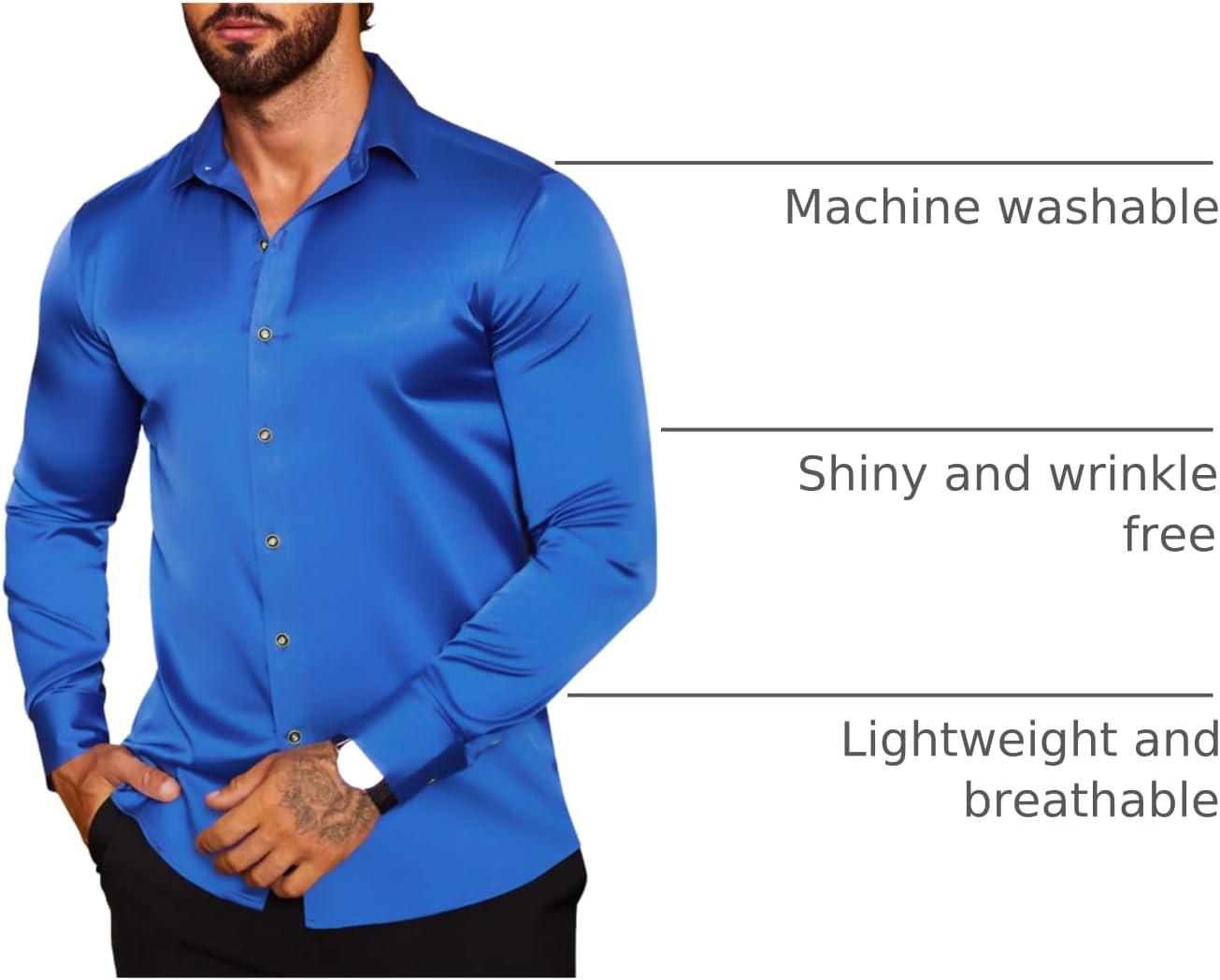 imageCOOFANDY Mens Silk Satin Dress Shirts Jacquard Long Sleeve Floral Button Up Shirts Party Prom Wedding ShirtSapphire