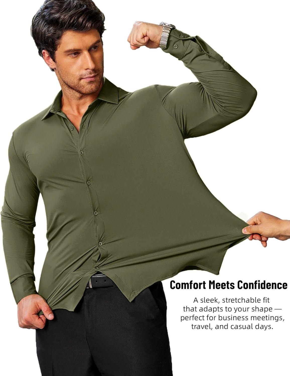 imageCOOFANDY Mens Stretch Dress Shirts Muscle Fit Wrinkle Free Long Sleeve Button Down Shirt Business Casual ShirtsArmy Green