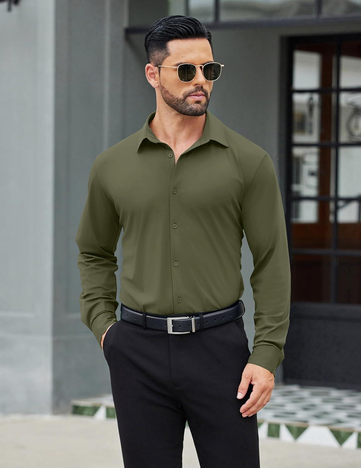 imageCOOFANDY Mens Stretch Dress Shirts Muscle Fit Wrinkle Free Long Sleeve Button Down Shirt Business Casual ShirtsArmy Green