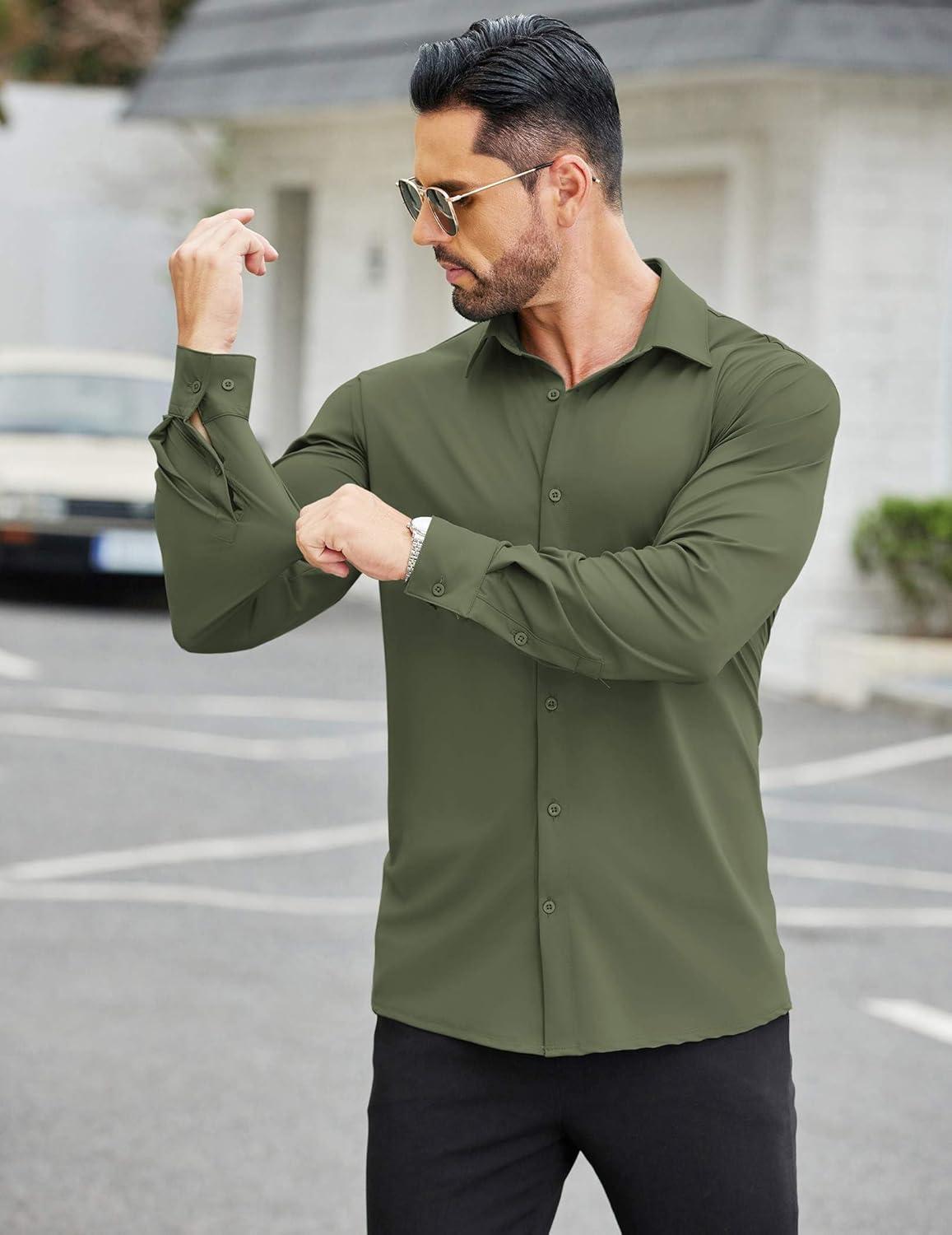 imageCOOFANDY Mens Stretch Dress Shirts Muscle Fit Wrinkle Free Long Sleeve Button Down Shirt Business Casual ShirtsArmy Green