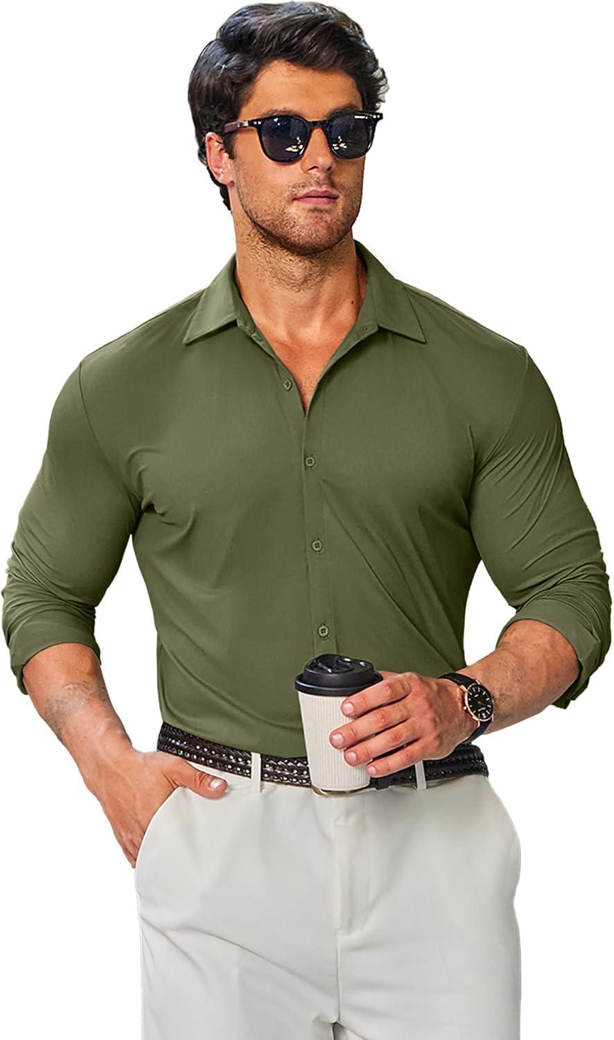 imageCOOFANDY Mens Stretch Dress Shirts Muscle Fit Wrinkle Free Long Sleeve Button Down Shirt Business Casual ShirtsArmy Green