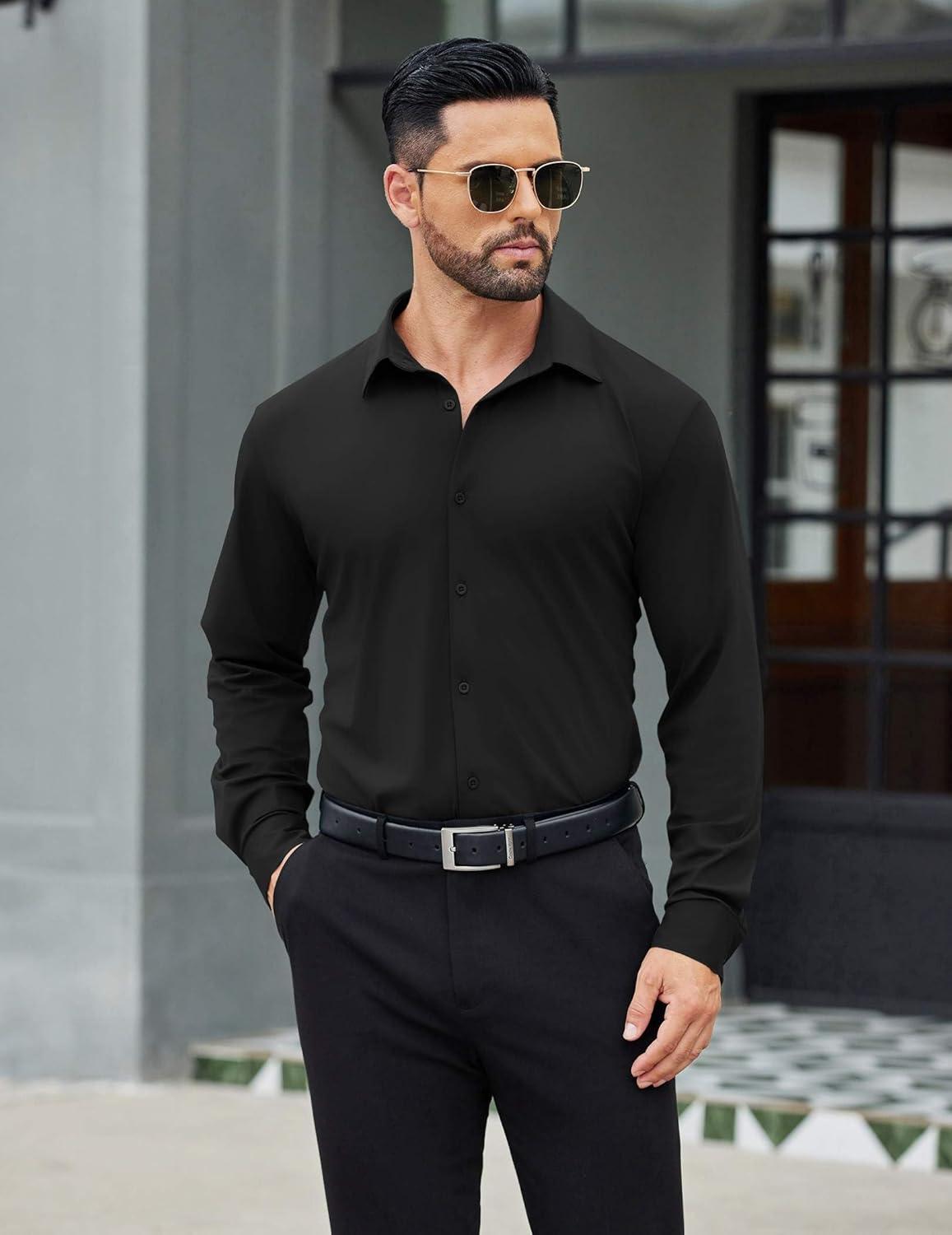 imageCOOFANDY Mens Stretch Dress Shirts Muscle Fit Wrinkle Free Long Sleeve Button Down Shirt Business Casual ShirtsBlack