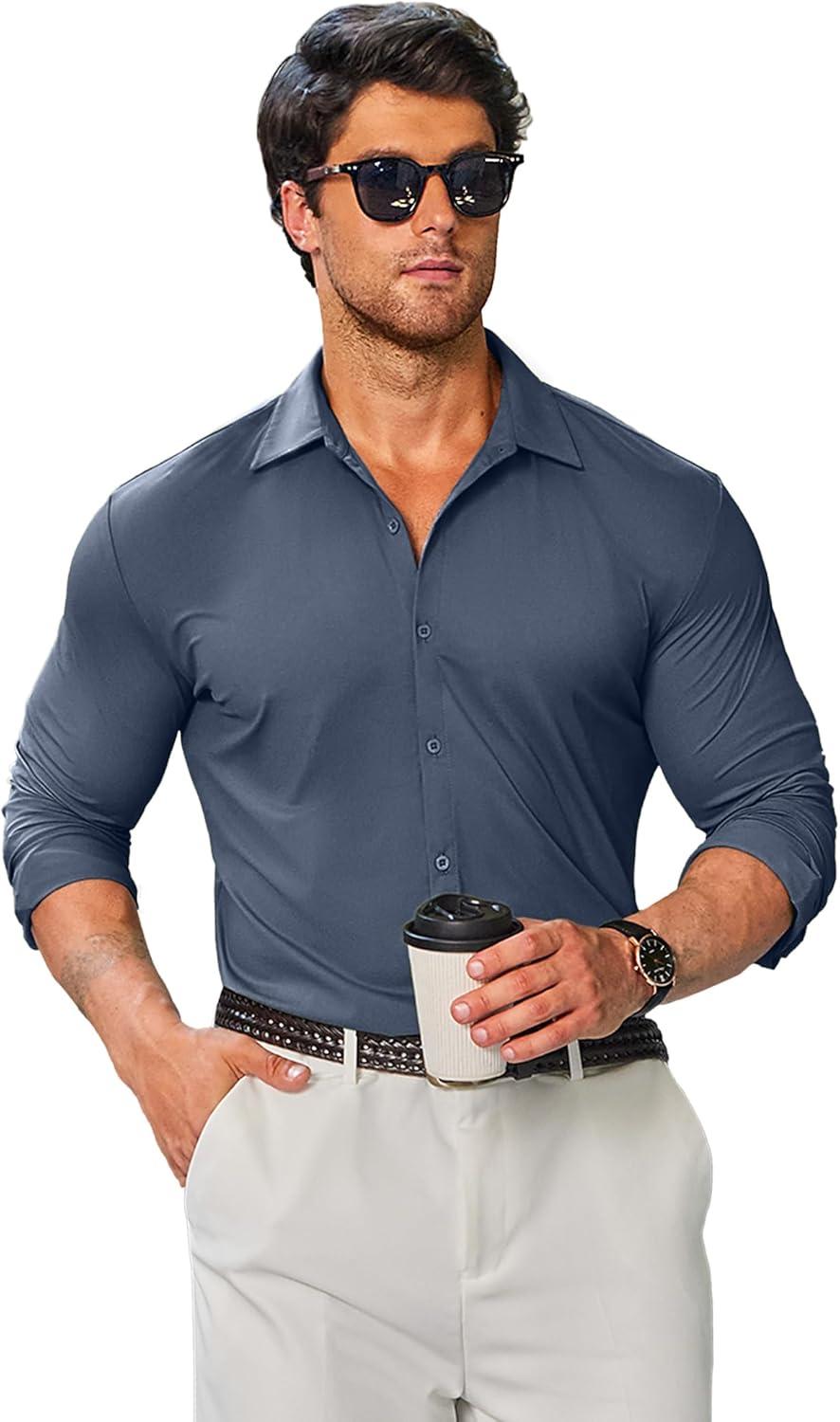 imageCOOFANDY Mens Stretch Dress Shirts Muscle Fit Wrinkle Free Long Sleeve Button Down Shirt Business Casual ShirtsBlue