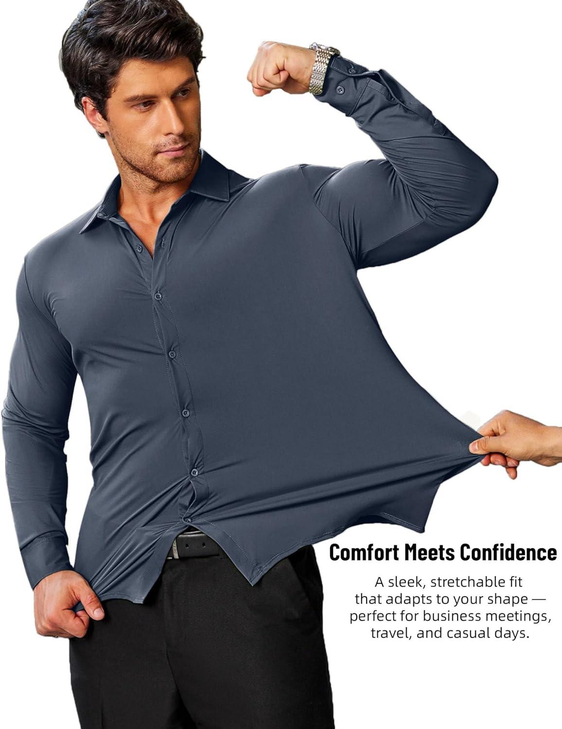 imageCOOFANDY Mens Stretch Dress Shirts Muscle Fit Wrinkle Free Long Sleeve Button Down Shirt Business Casual ShirtsBlue