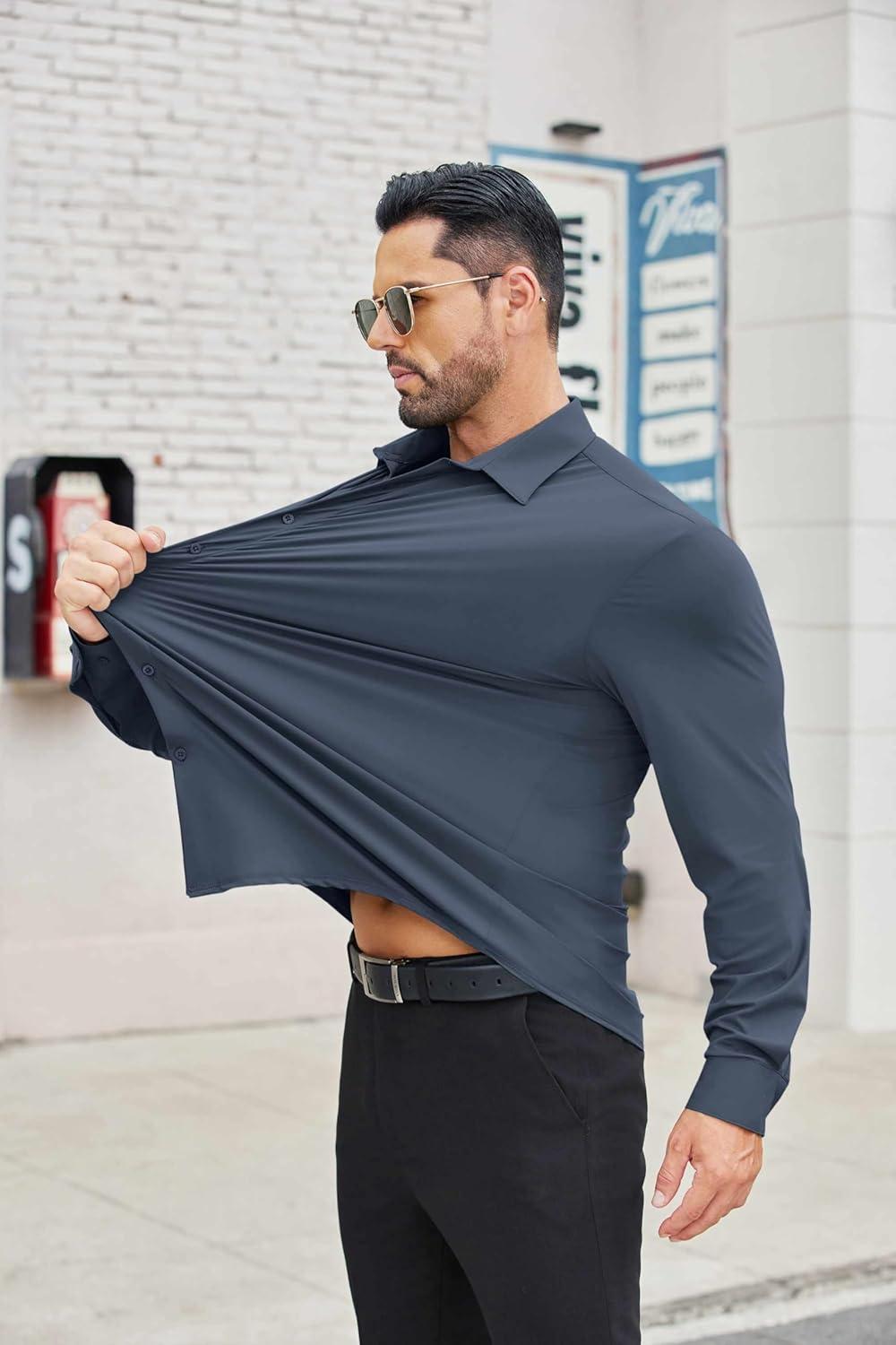 imageCOOFANDY Mens Stretch Dress Shirts Muscle Fit Wrinkle Free Long Sleeve Button Down Shirt Business Casual ShirtsBlue