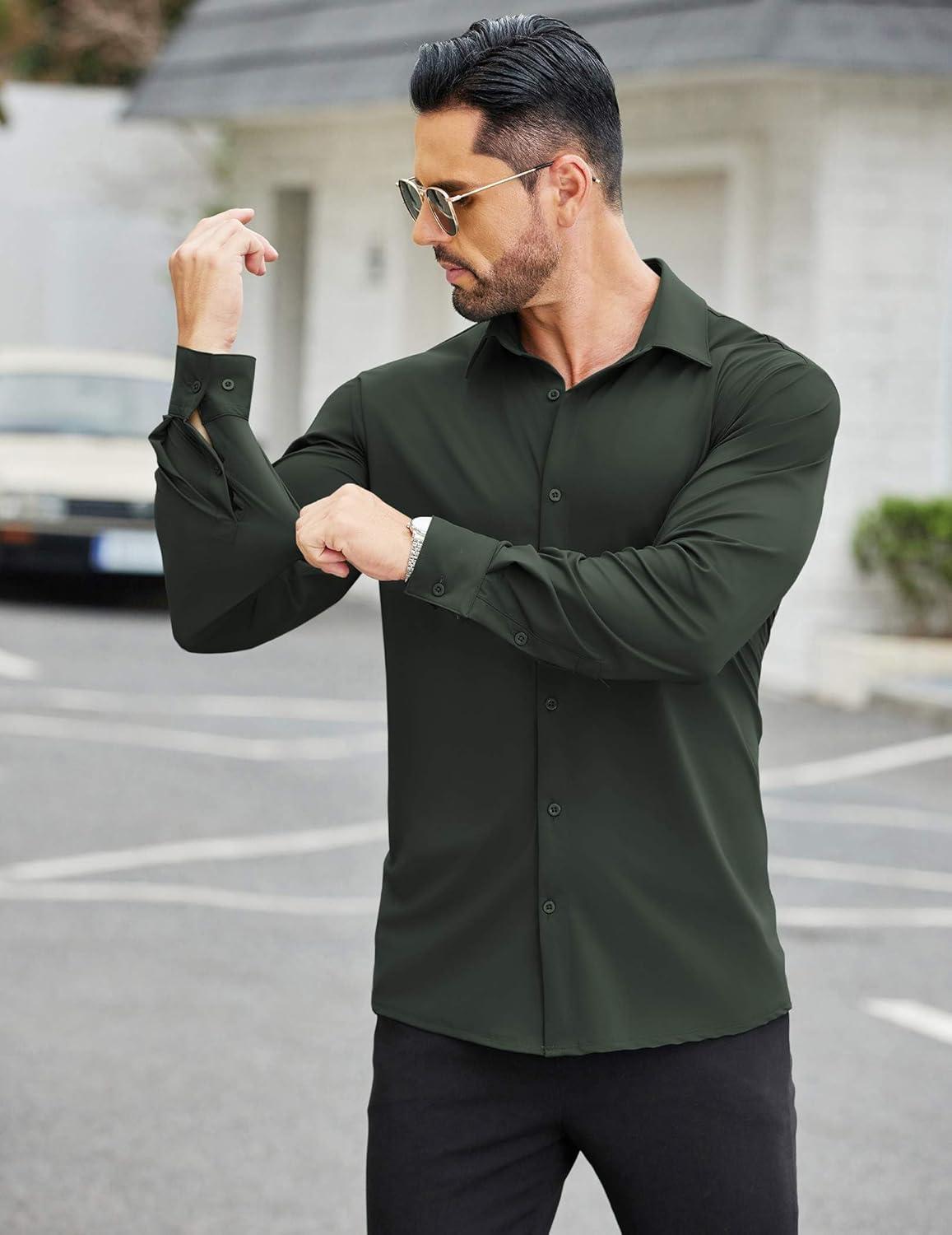 imageCOOFANDY Mens Stretch Dress Shirts Muscle Fit Wrinkle Free Long Sleeve Button Down Shirt Business Casual ShirtsDark Army Green