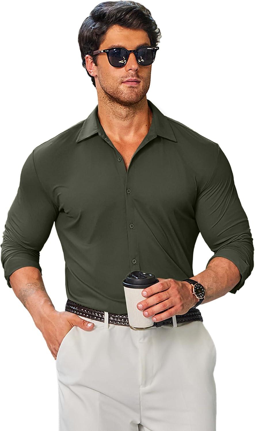 imageCOOFANDY Mens Stretch Dress Shirts Muscle Fit Wrinkle Free Long Sleeve Button Down Shirt Business Casual ShirtsDark Army Green