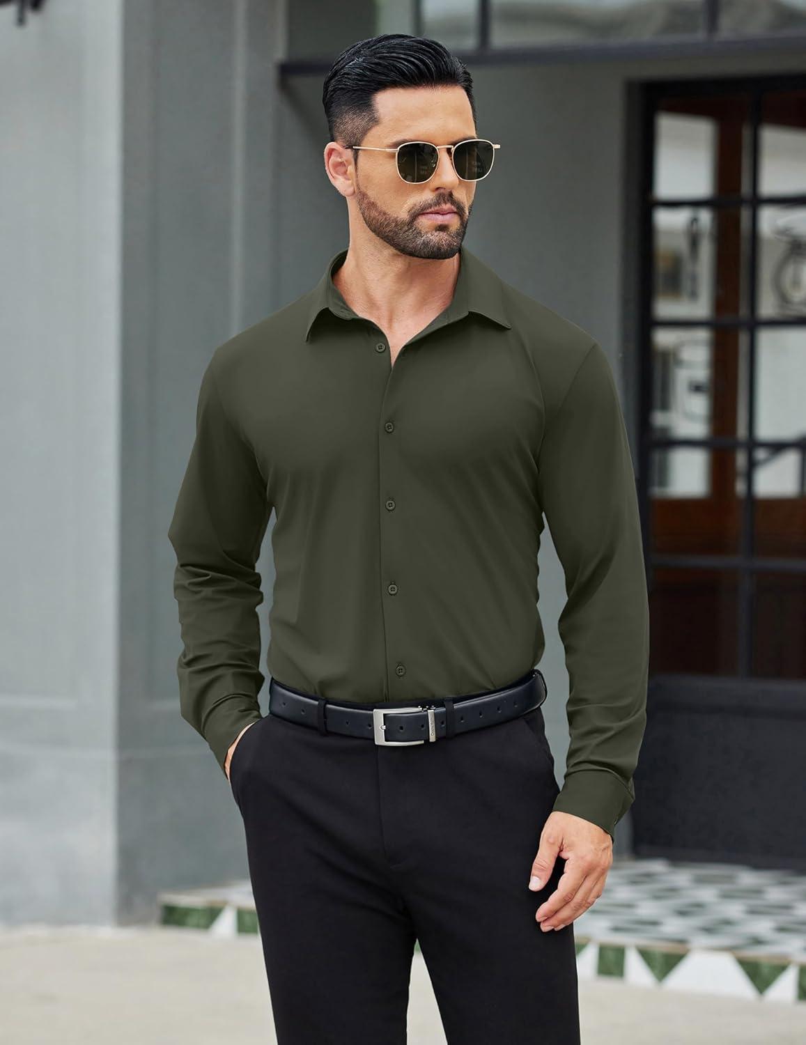 imageCOOFANDY Mens Stretch Dress Shirts Muscle Fit Wrinkle Free Long Sleeve Button Down Shirt Business Casual ShirtsDark Army Green
