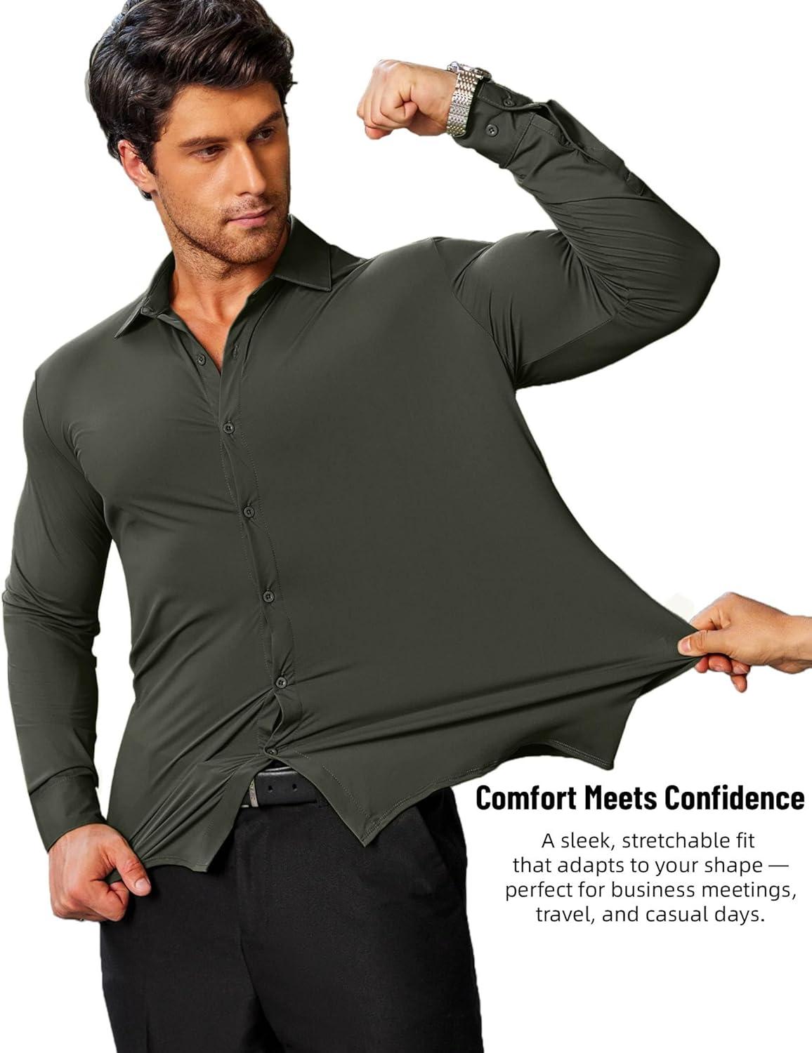 imageCOOFANDY Mens Stretch Dress Shirts Muscle Fit Wrinkle Free Long Sleeve Button Down Shirt Business Casual ShirtsDark Army Green