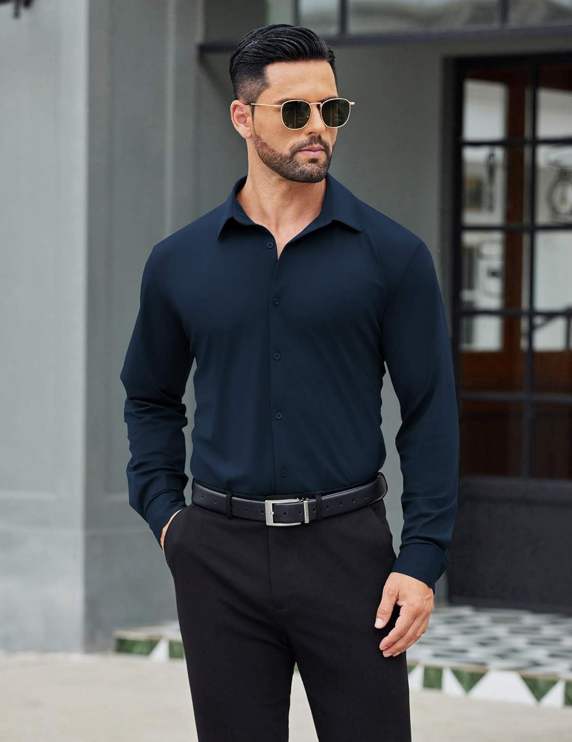 imageCOOFANDY Mens Stretch Dress Shirts Muscle Fit Wrinkle Free Long Sleeve Button Down Shirt Business Casual ShirtsDeep Blue