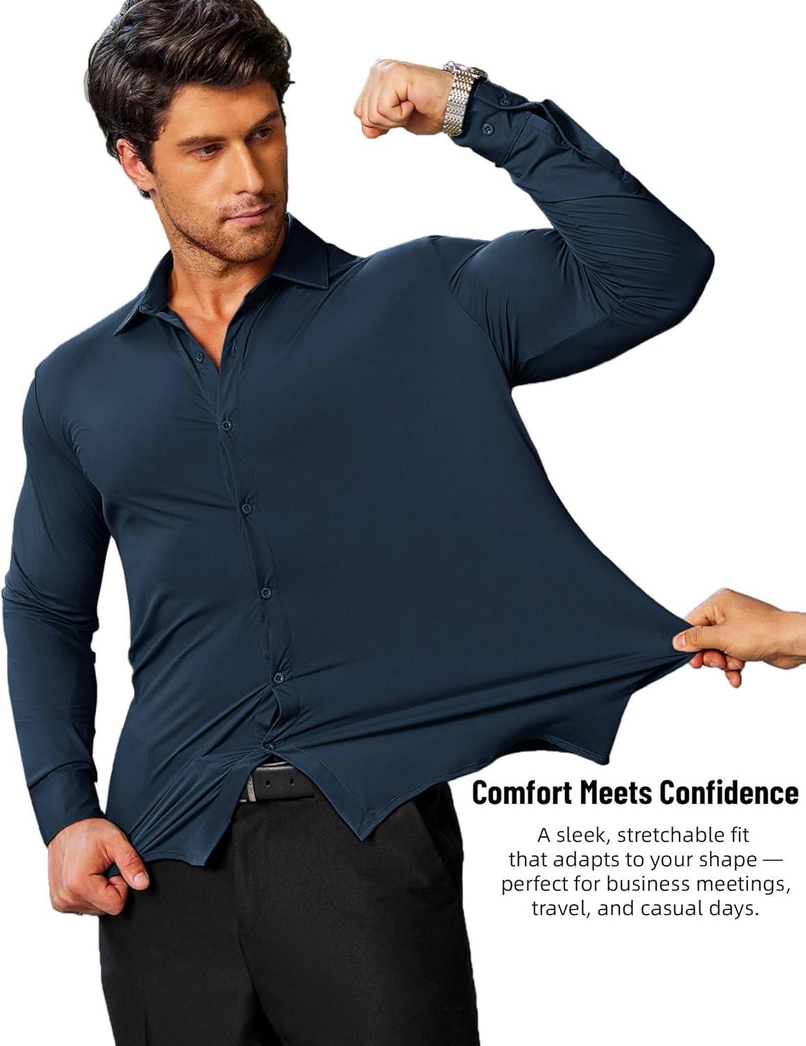 imageCOOFANDY Mens Stretch Dress Shirts Muscle Fit Wrinkle Free Long Sleeve Button Down Shirt Business Casual ShirtsDeep Blue