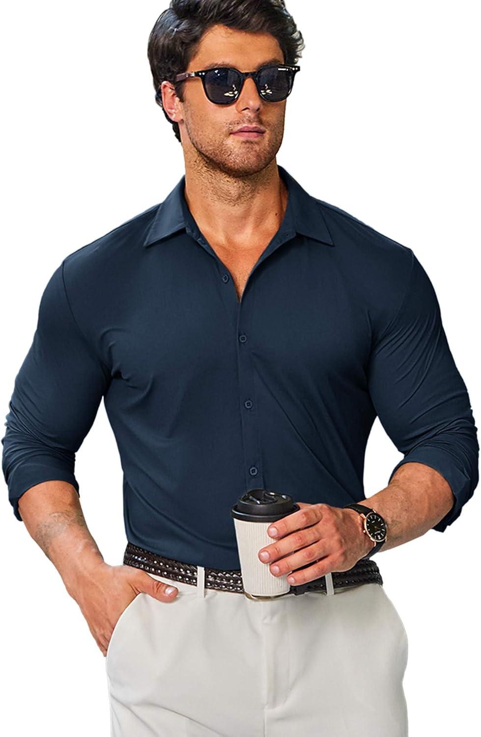 imageCOOFANDY Mens Stretch Dress Shirts Muscle Fit Wrinkle Free Long Sleeve Button Down Shirt Business Casual ShirtsDeep Blue