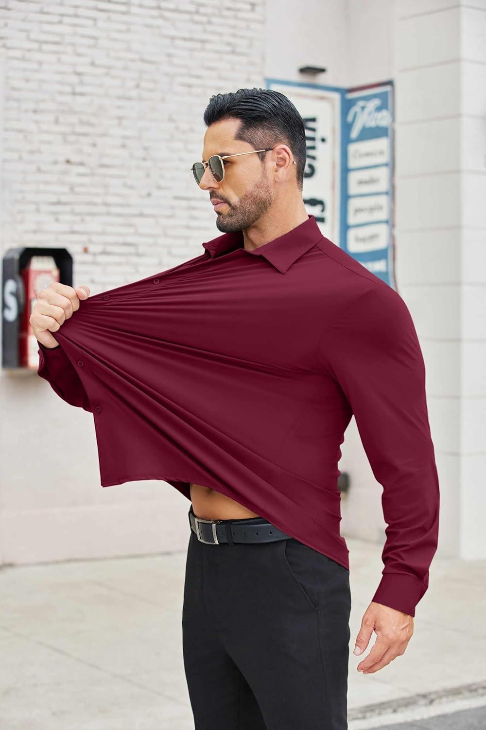 imageCOOFANDY Mens Stretch Dress Shirts Muscle Fit Wrinkle Free Long Sleeve Button Down Shirt Business Casual ShirtsDeep Red