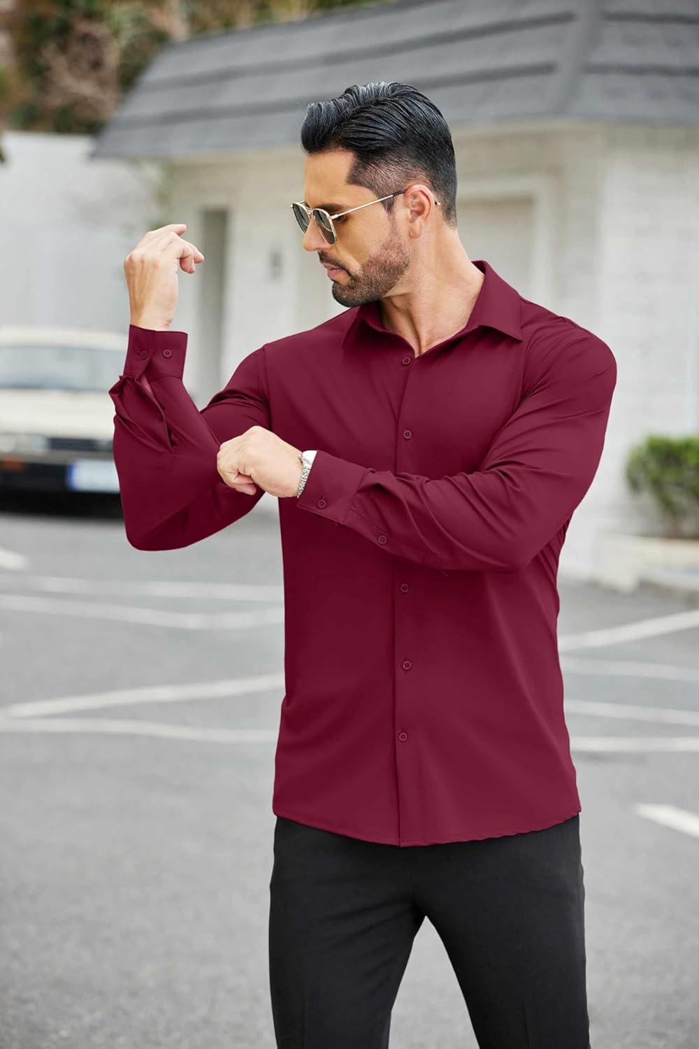 imageCOOFANDY Mens Stretch Dress Shirts Muscle Fit Wrinkle Free Long Sleeve Button Down Shirt Business Casual ShirtsDeep Red