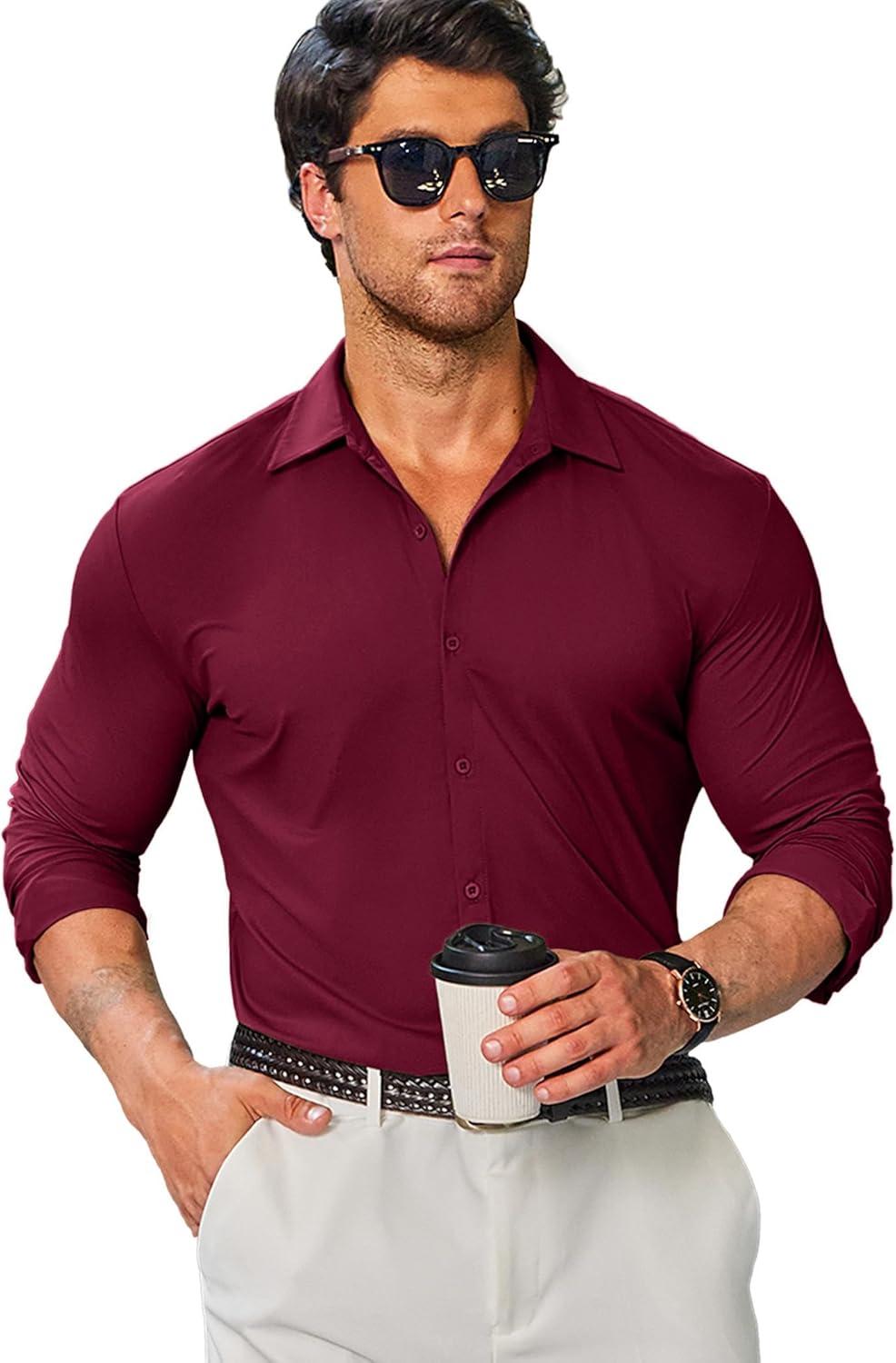 imageCOOFANDY Mens Stretch Dress Shirts Muscle Fit Wrinkle Free Long Sleeve Button Down Shirt Business Casual ShirtsDeep Red