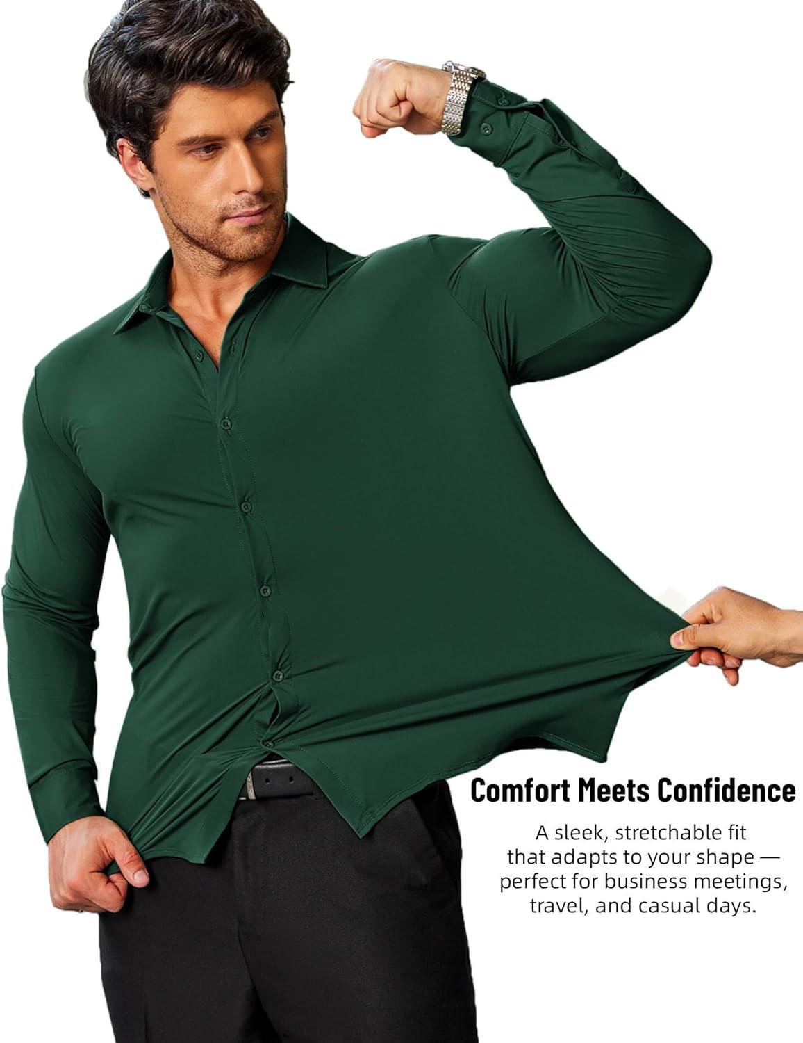 imageCOOFANDY Mens Stretch Dress Shirts Muscle Fit Wrinkle Free Long Sleeve Button Down Shirt Business Casual ShirtsGreen