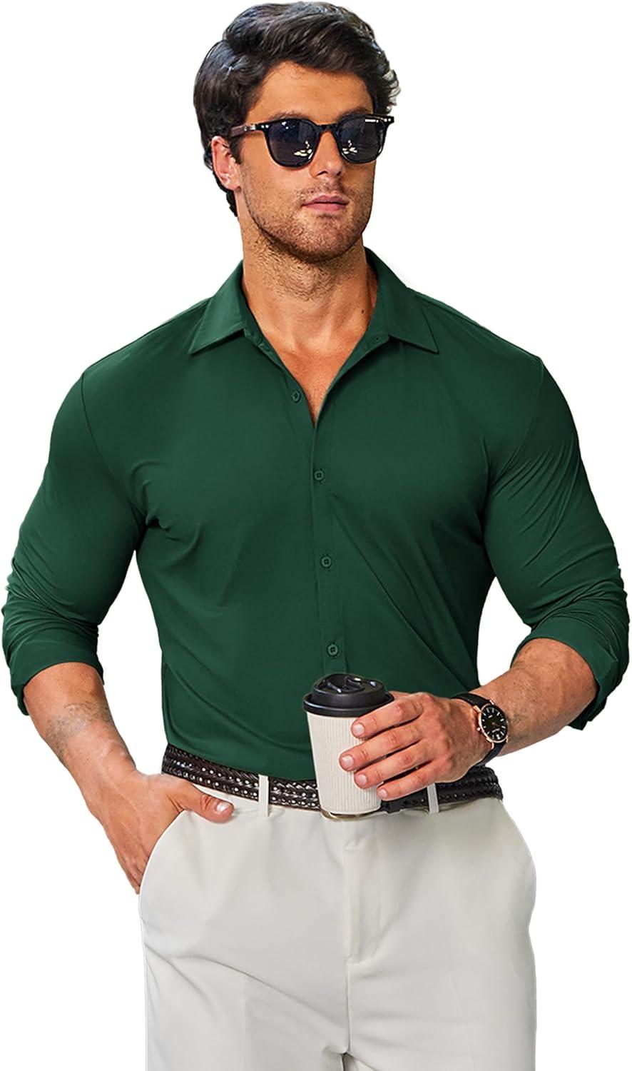 imageCOOFANDY Mens Stretch Dress Shirts Muscle Fit Wrinkle Free Long Sleeve Button Down Shirt Business Casual ShirtsGreen
