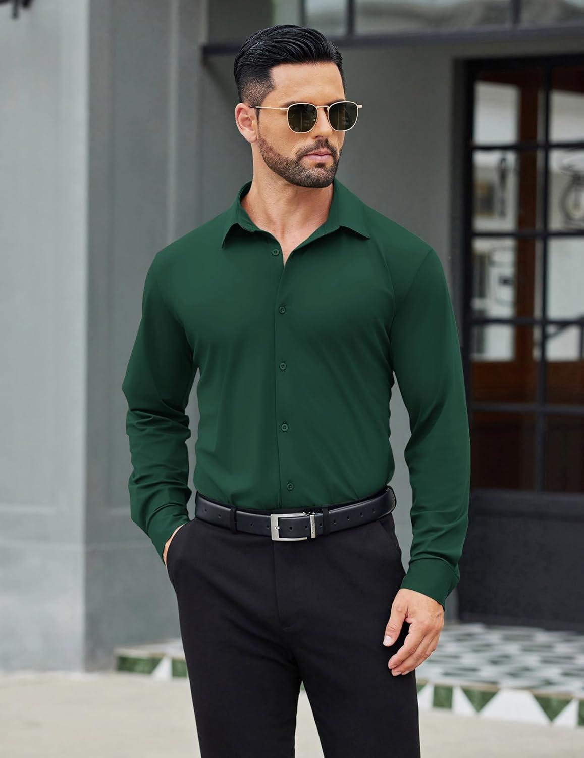 imageCOOFANDY Mens Stretch Dress Shirts Muscle Fit Wrinkle Free Long Sleeve Button Down Shirt Business Casual ShirtsGreen