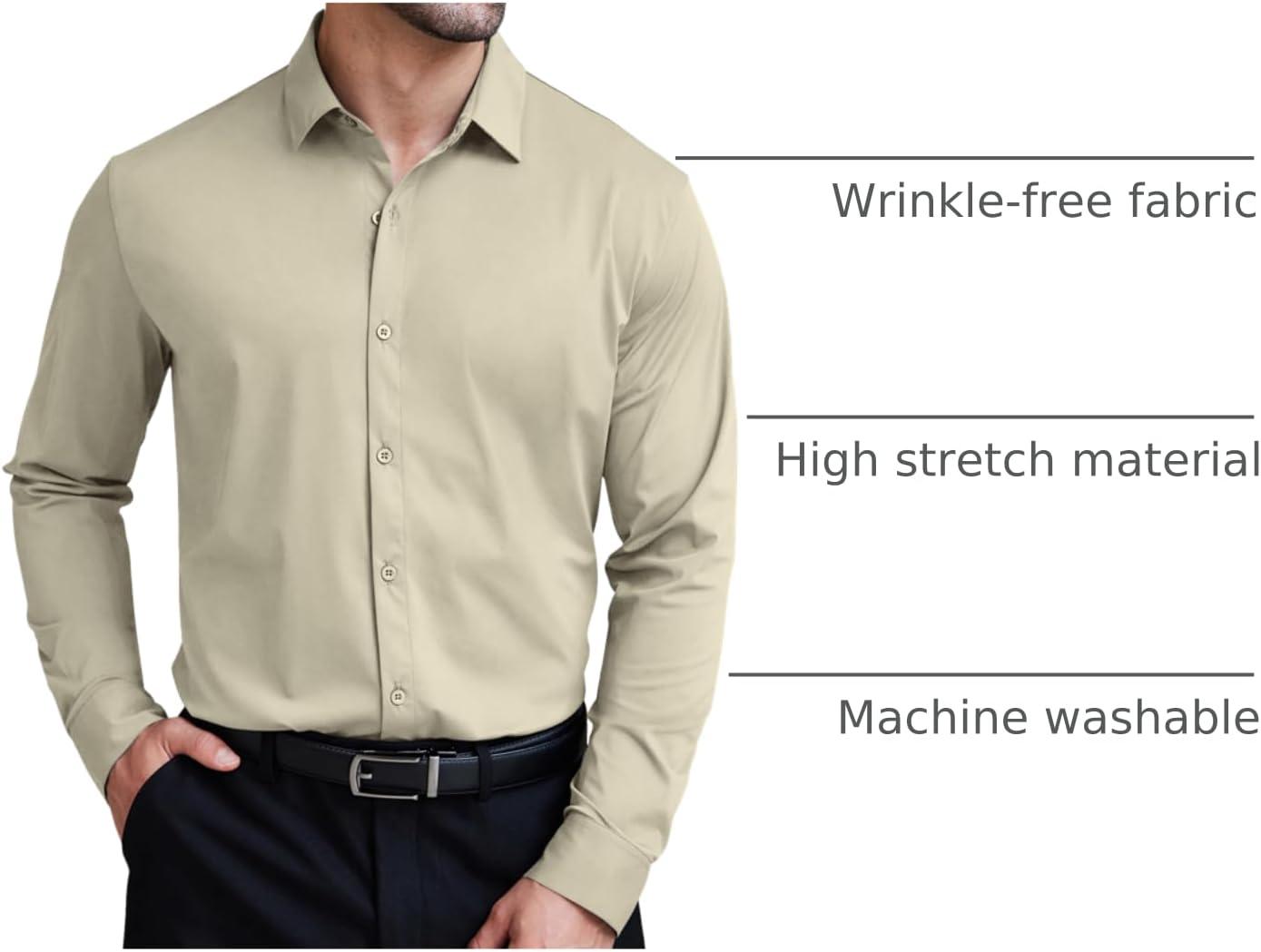imageCOOFANDY Mens Stretch Dress Shirts Muscle Fit Wrinkle Free Long Sleeve Button Down Shirt Business Casual ShirtsKhaki