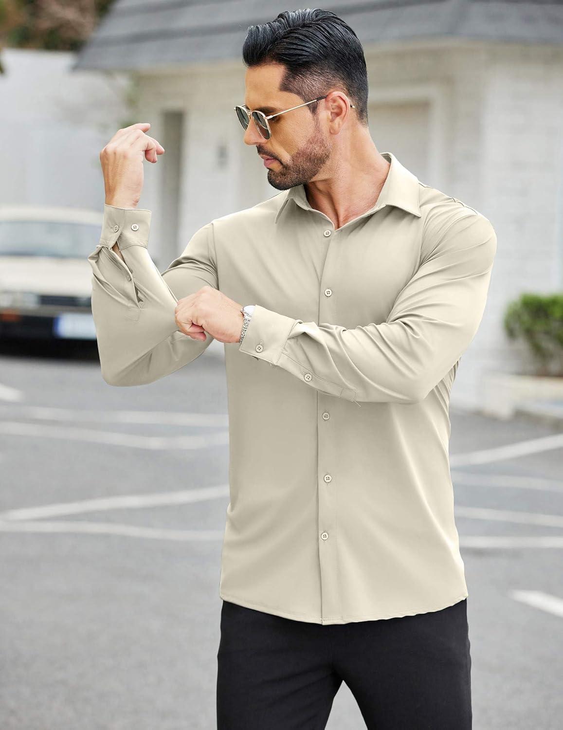 imageCOOFANDY Mens Stretch Dress Shirts Muscle Fit Wrinkle Free Long Sleeve Button Down Shirt Business Casual ShirtsKhaki