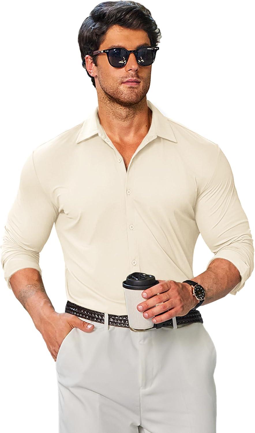 imageCOOFANDY Mens Stretch Dress Shirts Muscle Fit Wrinkle Free Long Sleeve Button Down Shirt Business Casual ShirtsLight Beige