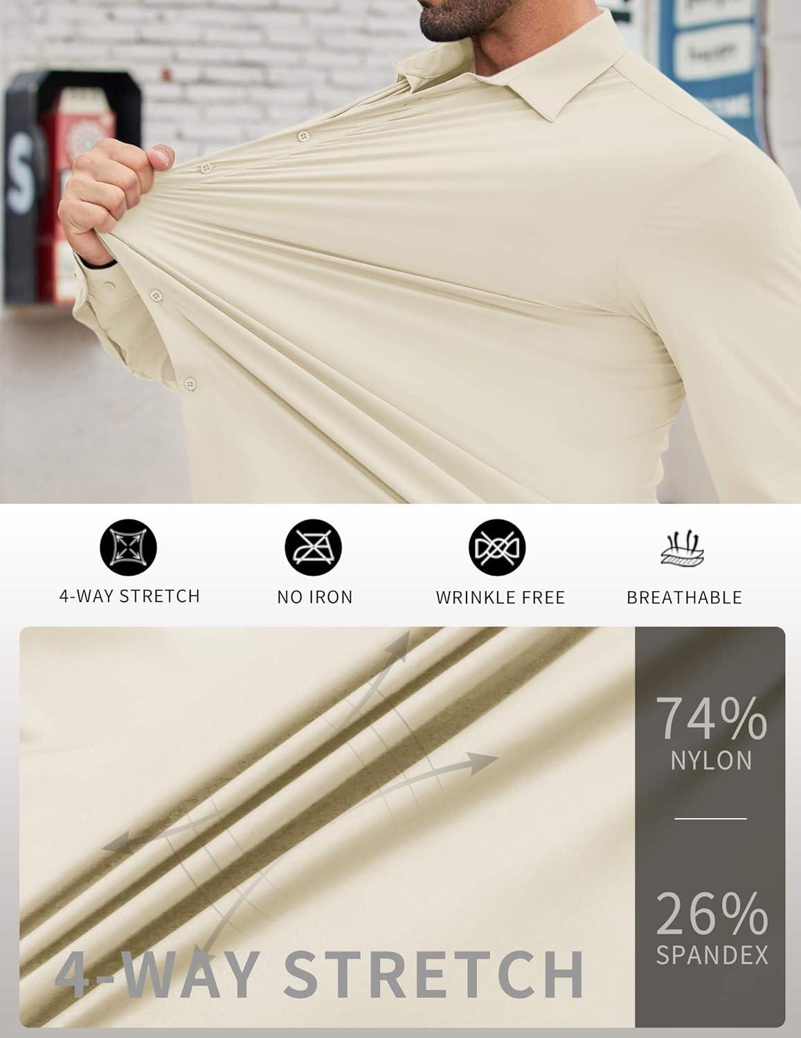 imageCOOFANDY Mens Stretch Dress Shirts Muscle Fit Wrinkle Free Long Sleeve Button Down Shirt Business Casual ShirtsLight Beige